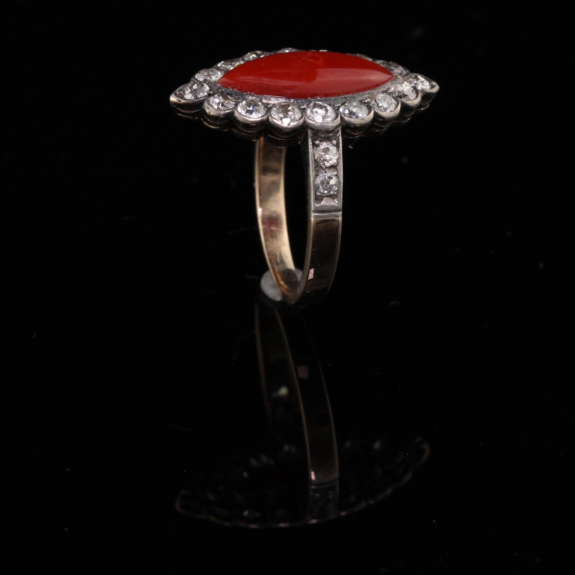 Antique Victorian 18 Karat Yellow Gold Coral and Diamond Navette Ring In Excellent Condition In Great Neck, NY