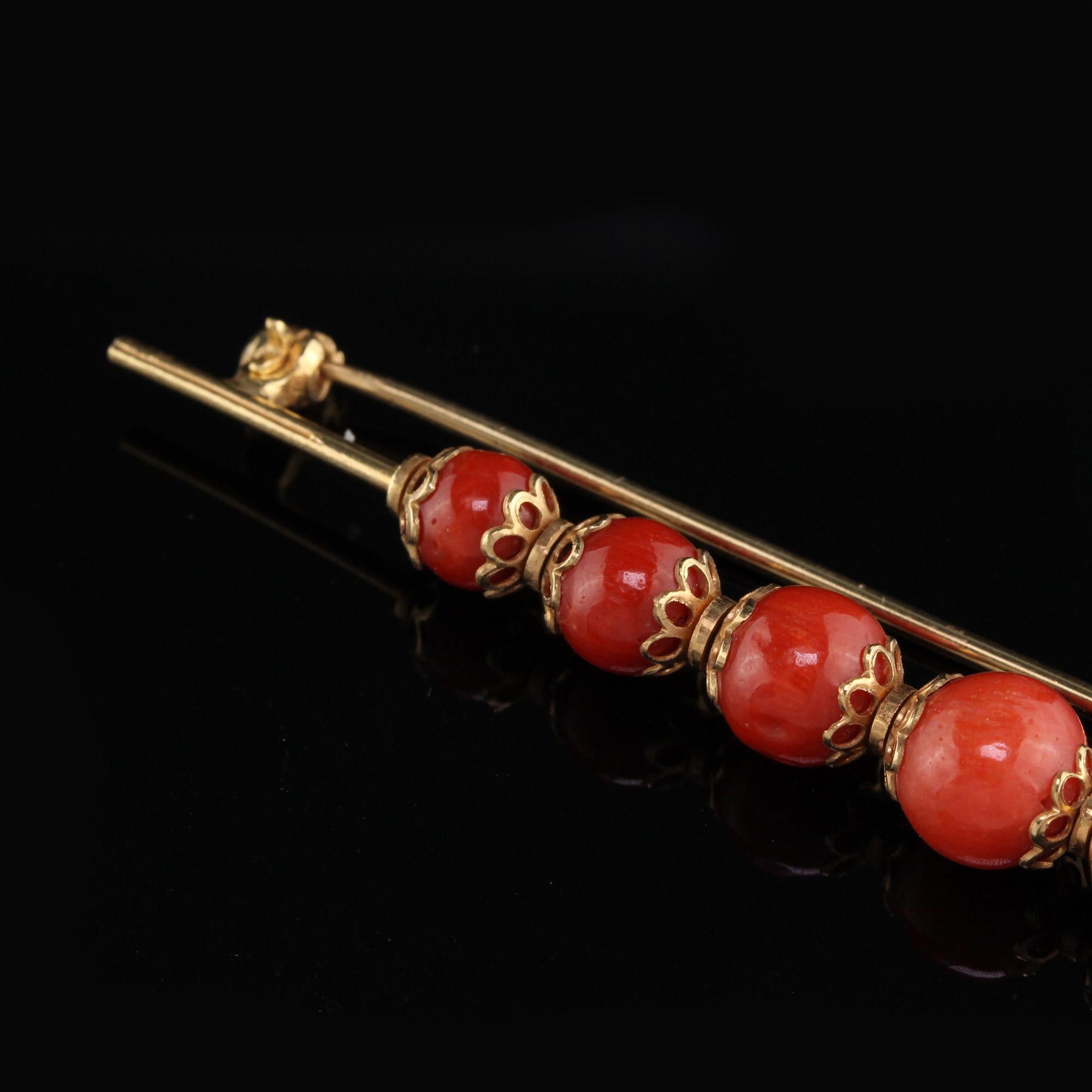 Antique Victorian 18 Karat Yellow Gold Coral Bar Brooch In Good Condition In Great Neck, NY