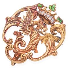 Antique Victorian 18k Yellow Gold Demantoid Garnet and Diamond Griffin Brooch