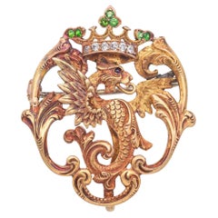 Antique Victorian 18k Yellow Gold Demantoid Garnet and Diamond Griffin Brooch