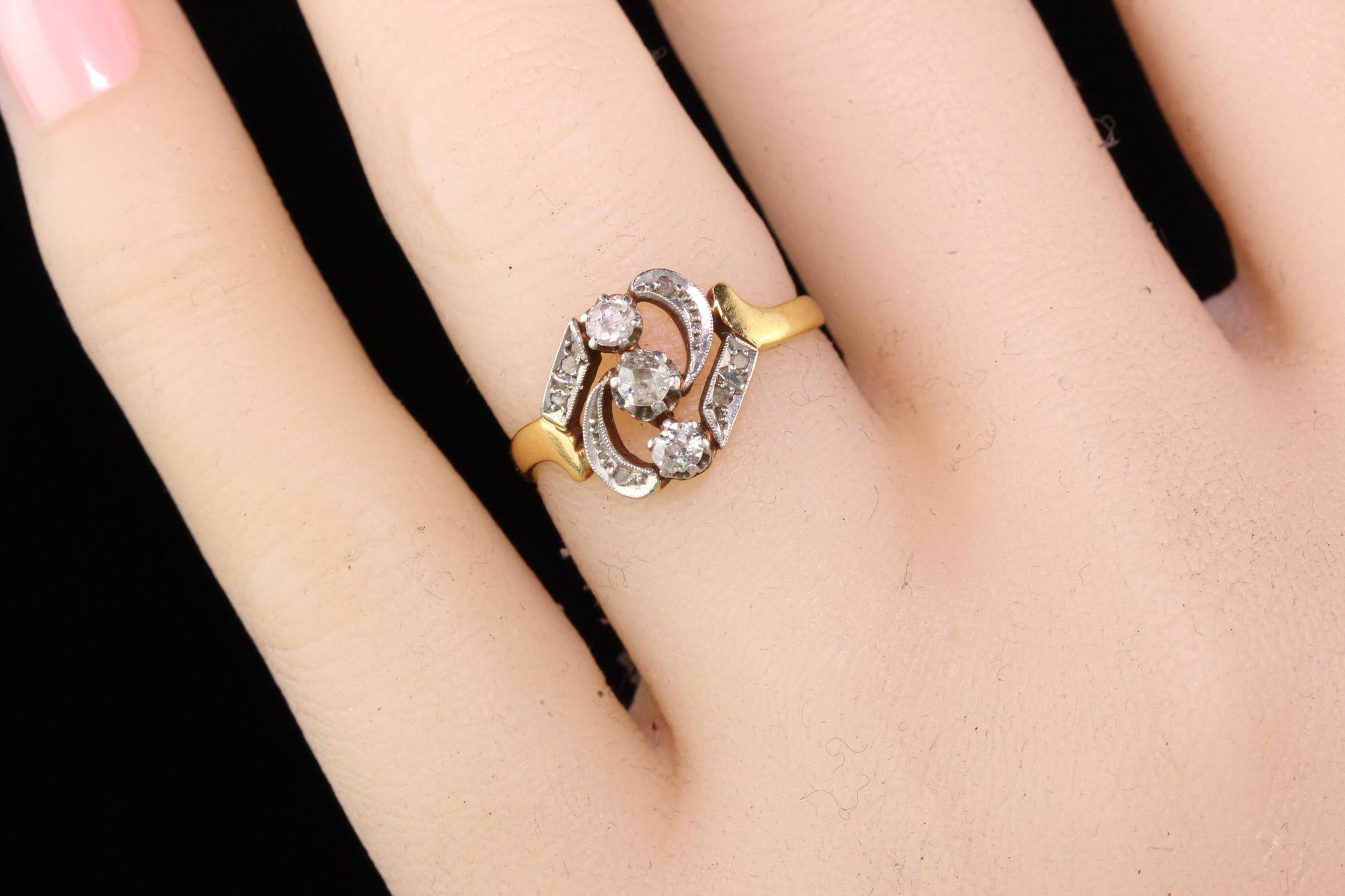 Women's Antique Victorian 18 Karat Yellow Gold Diamond 3-Stone Vertical Ring