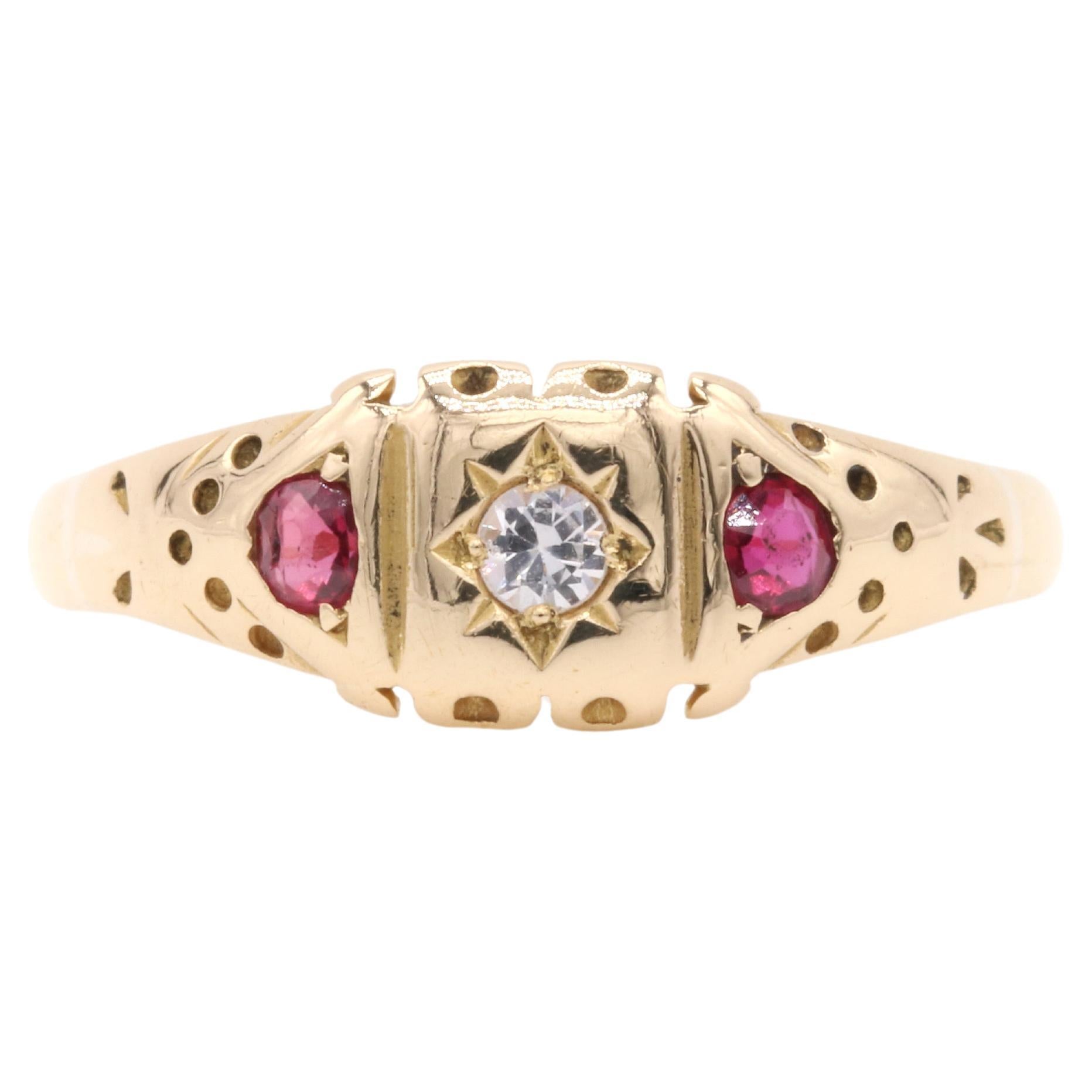 Antique Victorian 18K Yellow Gold Diamond and Ruby Trilogy Ring