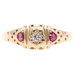 Antique Victorian 18K Yellow Gold Diamond and Ruby Trilogy Ring
