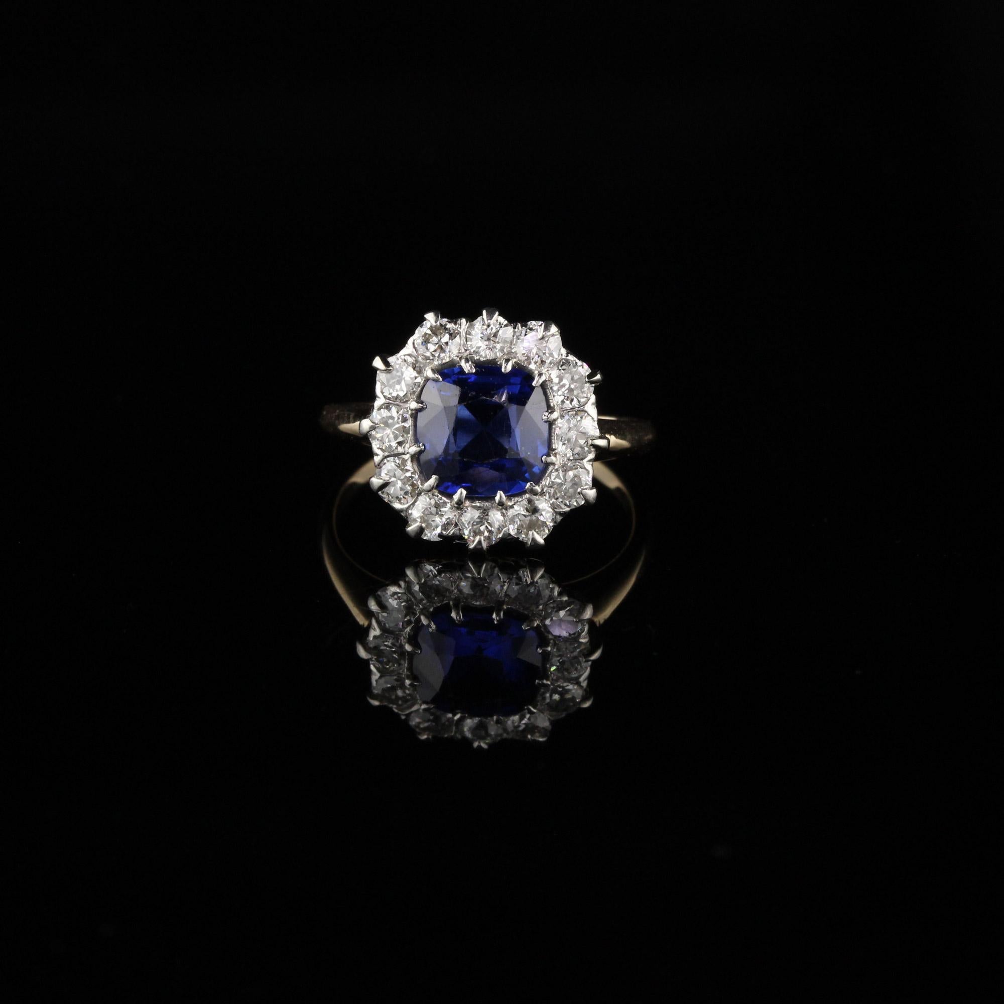 Old European Cut Antique Victorian 18K Yellow Gold Diamond and Sapphire Engagement Ring