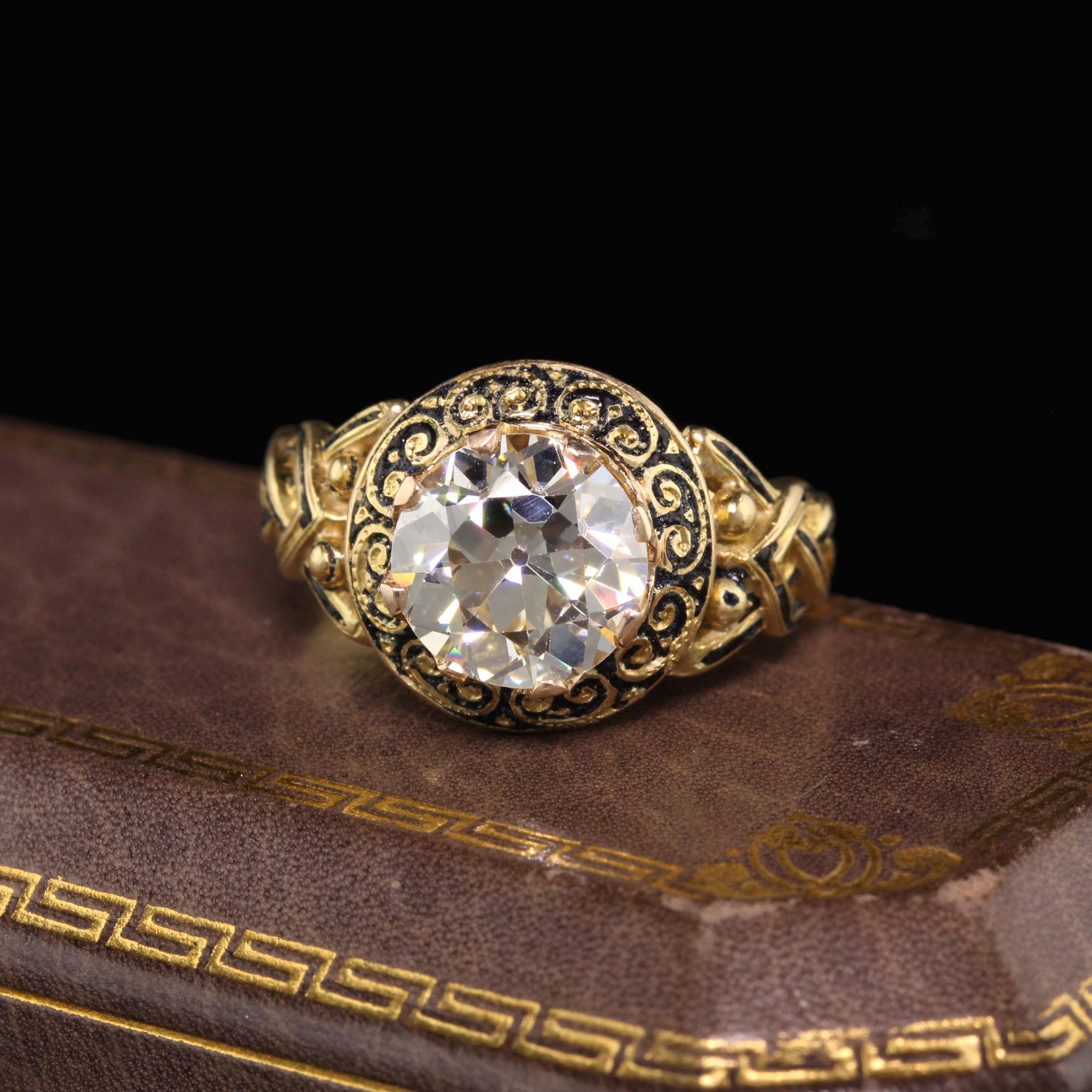 Gorgeous Antique Victorian diamond engagement ring with a Old European Cut diamond in the center. 

#R0429

Metal: 18K Yellow Gold

Weight: 4.5 Grams

Center Diamond Weight: 2.22 CTS

Center Diamond Color: N

Center Diamond Clarity: VS1 

Ring Size: