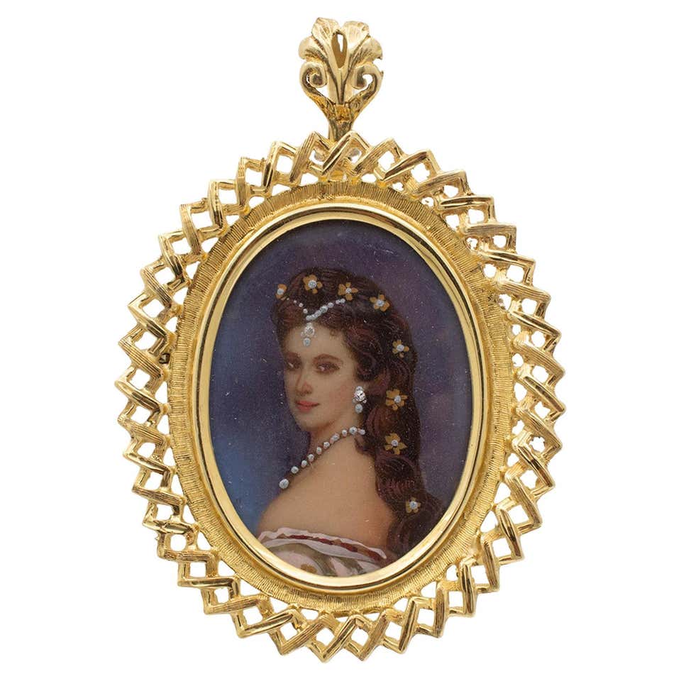 Italian 18K Gold Hand Painted Miniature Lady Portrait Brooch/Pendant ...