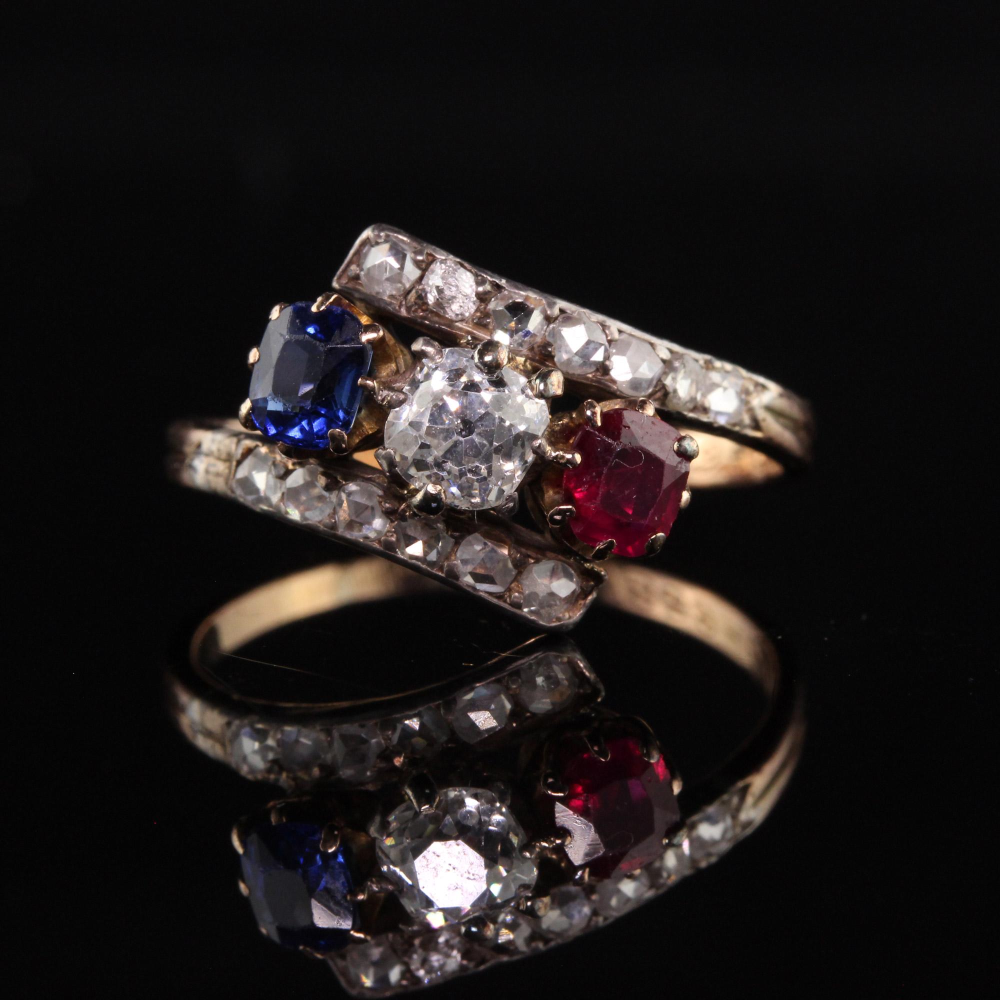 Women's Antique Victorian 18k Yellow Gold Diamond Ruby Sapphire Three Stone Ring For Sale