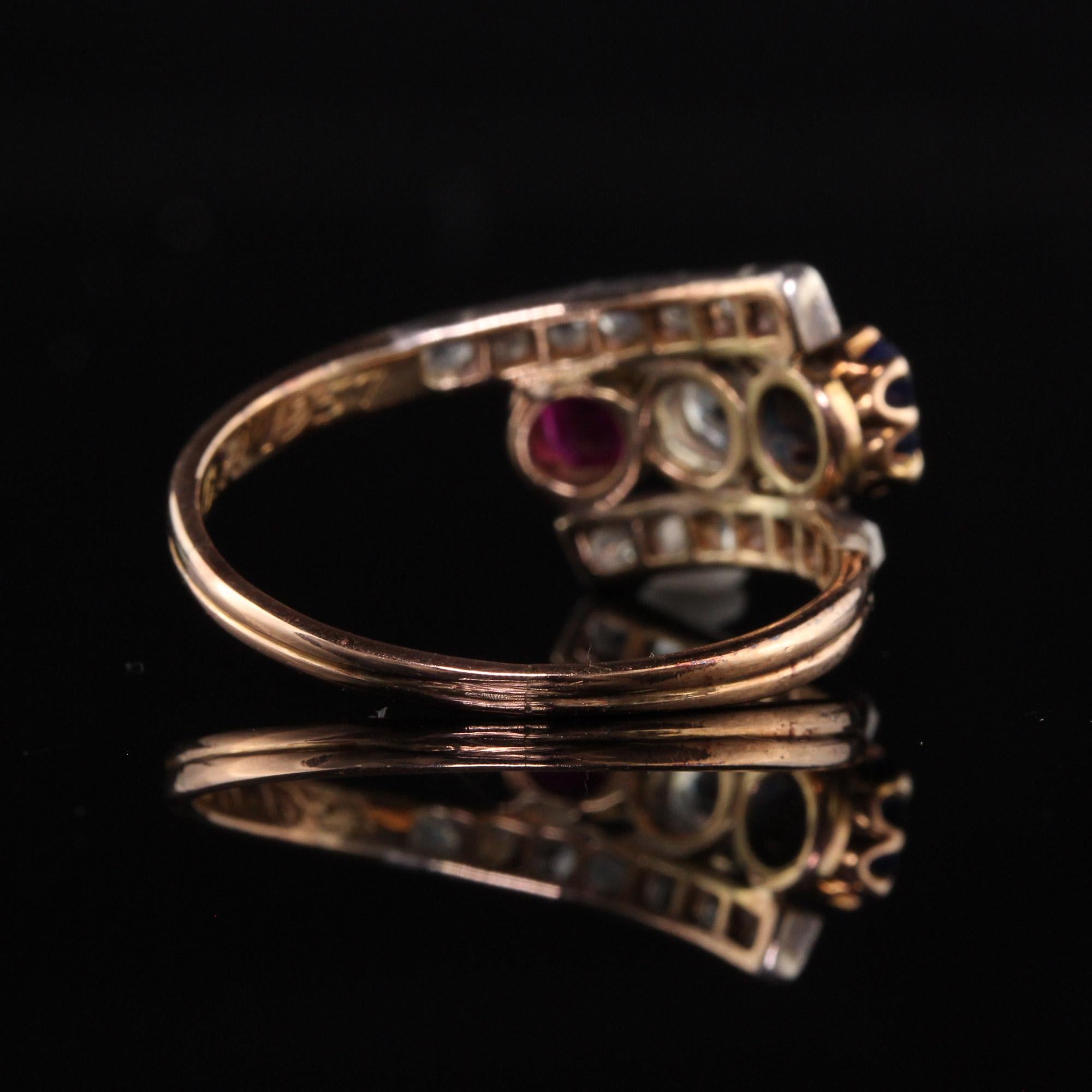 Antique Victorian 18k Yellow Gold Diamond Ruby Sapphire Three Stone Ring For Sale 1