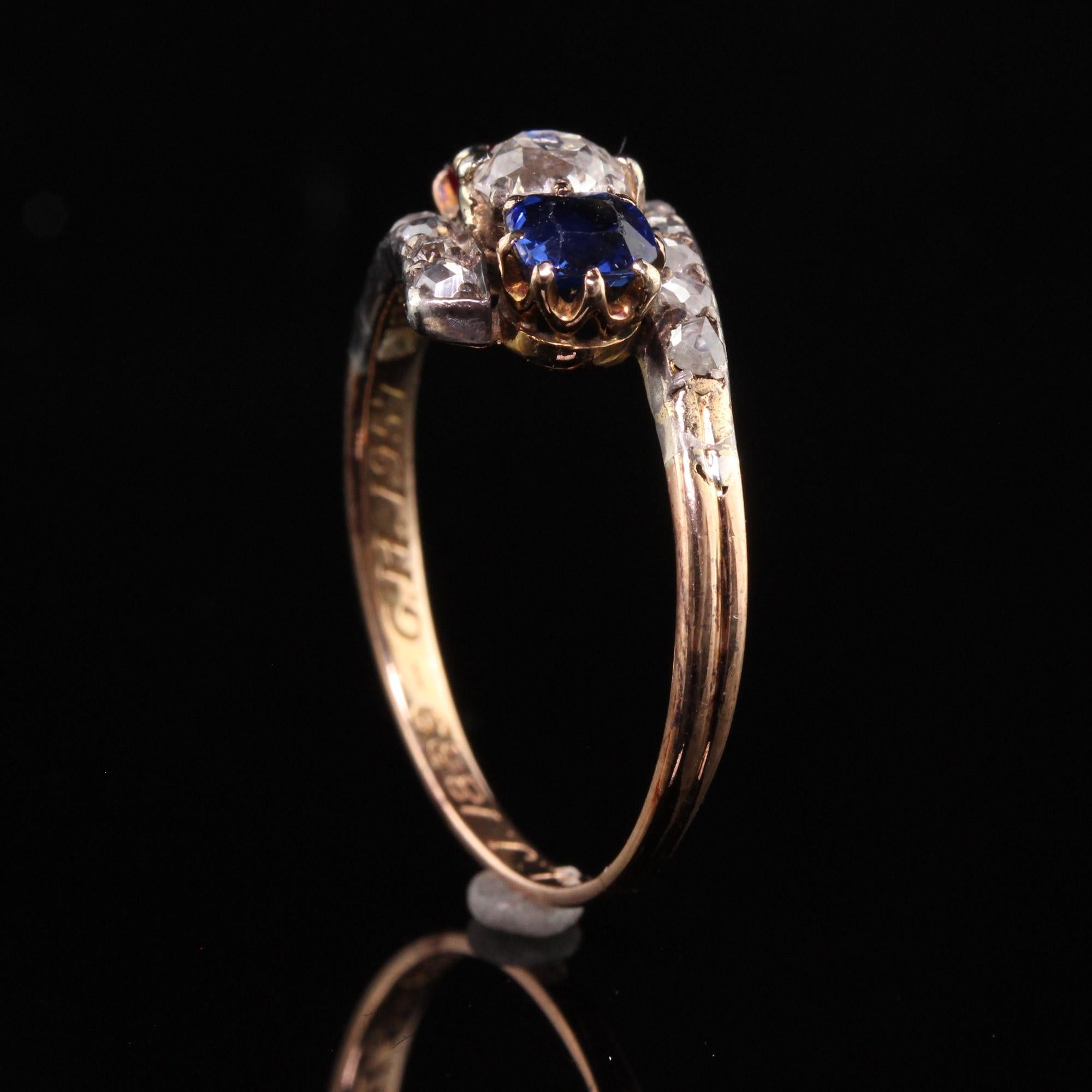 Antique Victorian 18k Yellow Gold Diamond Ruby Sapphire Three Stone Ring For Sale 2