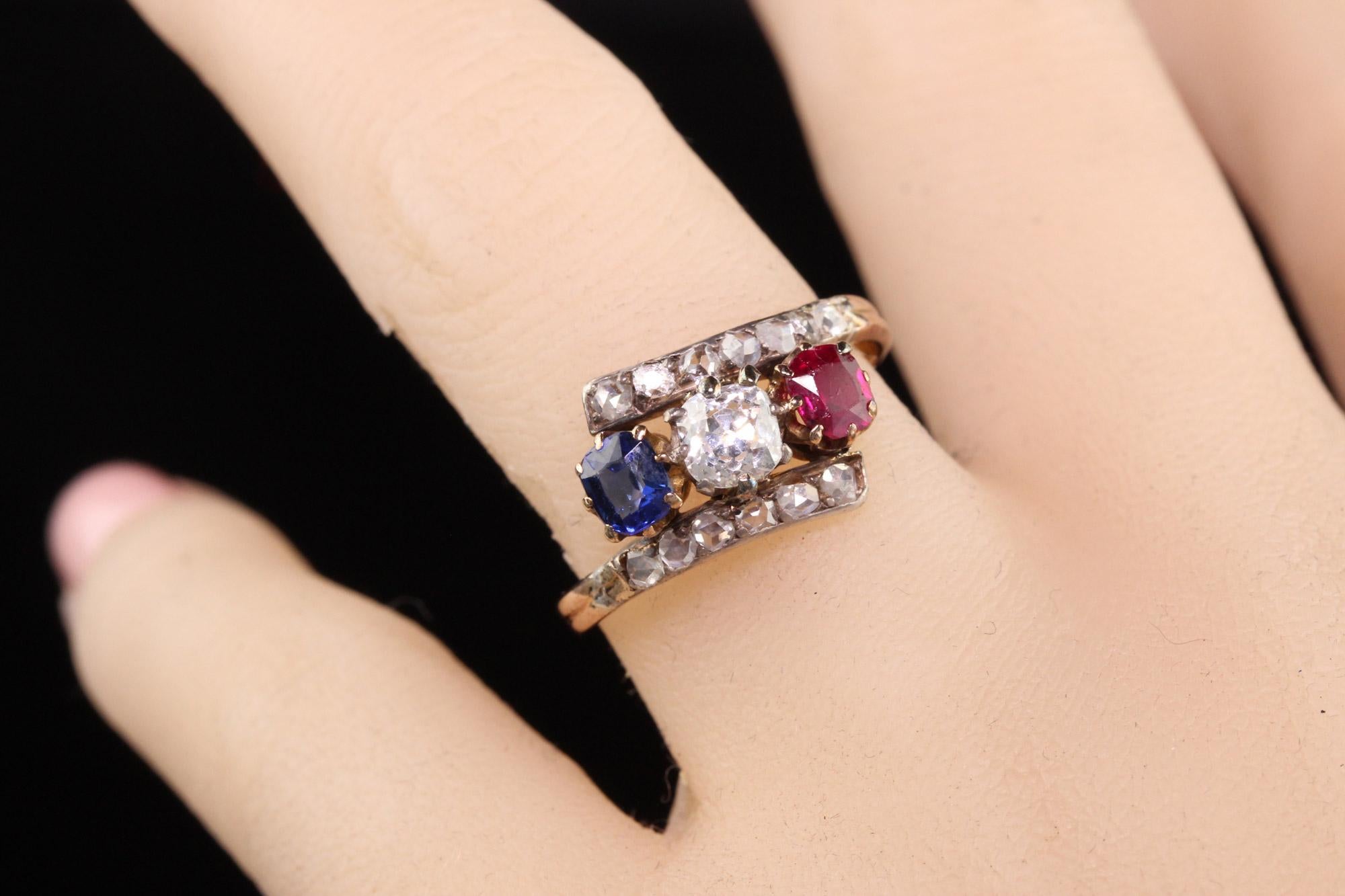Antique Victorian 18k Yellow Gold Diamond Ruby Sapphire Three Stone Ring For Sale 3