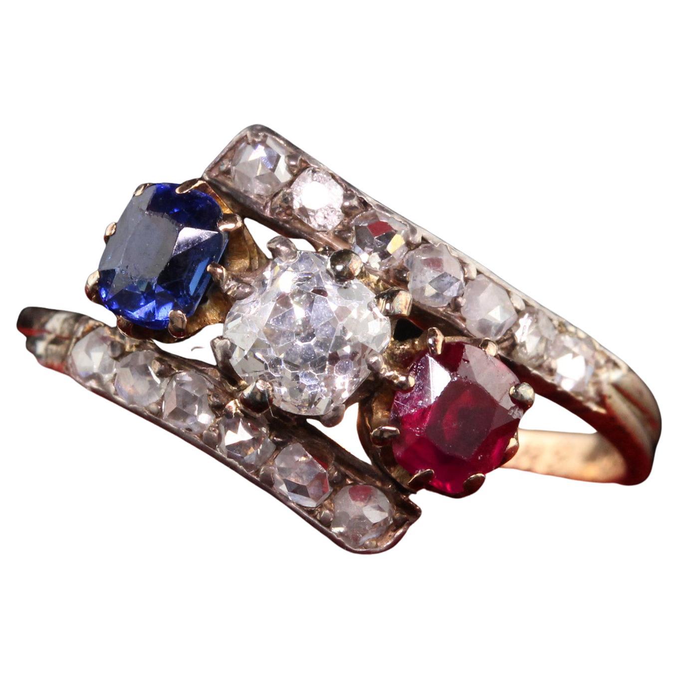 Antique Victorian 18k Yellow Gold Diamond Ruby Sapphire Three Stone Ring