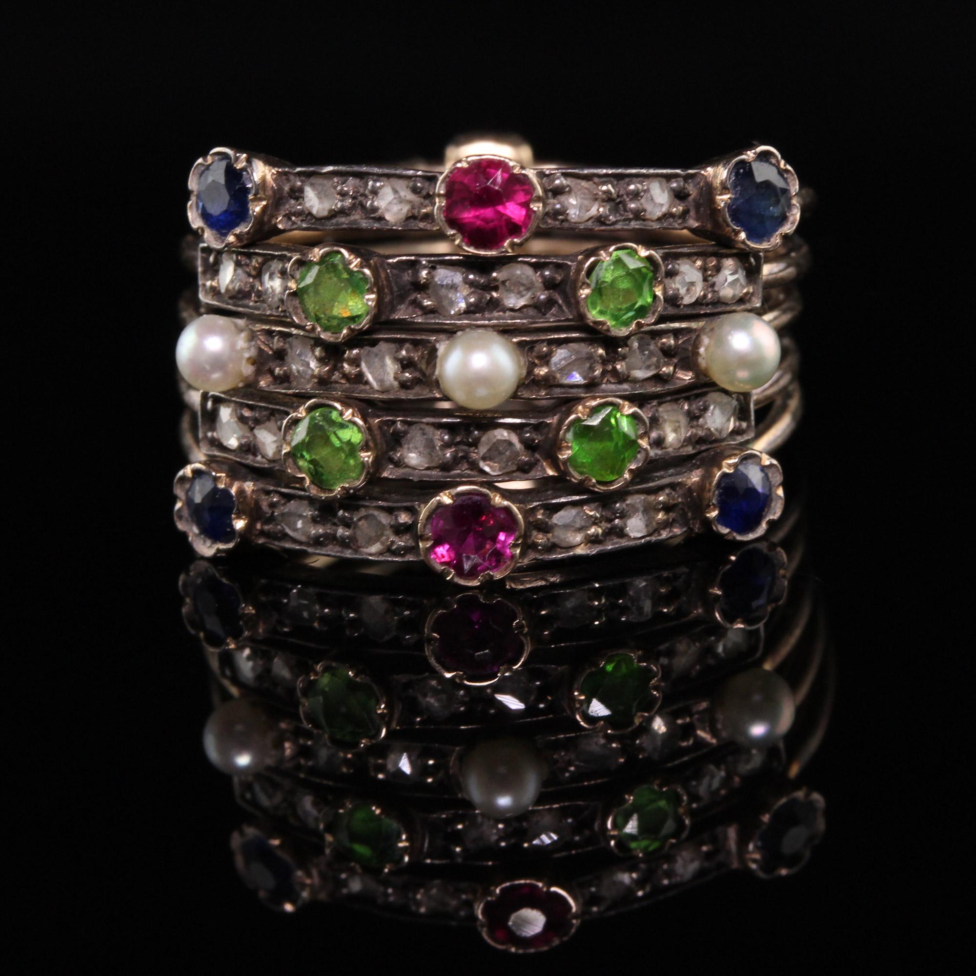 Rose Cut Antique Victorian 18K Yellow Gold Diamond Sapphire Ruby Demantoid Harem Ring
