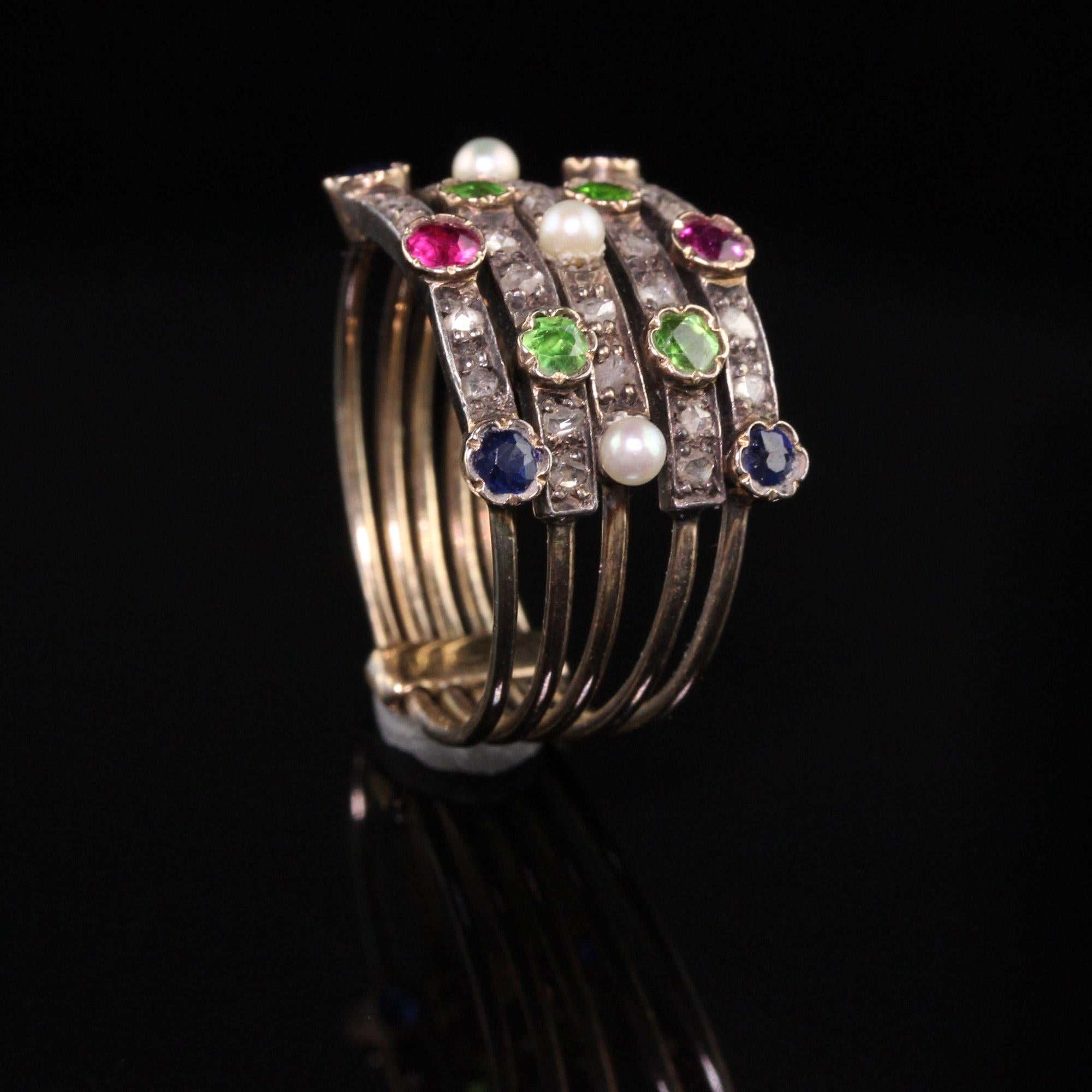 Women's or Men's Antique Victorian 18K Yellow Gold Diamond Sapphire Ruby Demantoid Harem Ring