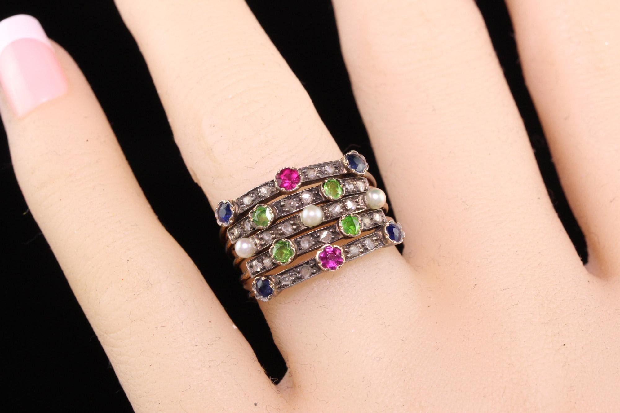 Antique Victorian 18K Yellow Gold Diamond Sapphire Ruby Demantoid Harem Ring 1