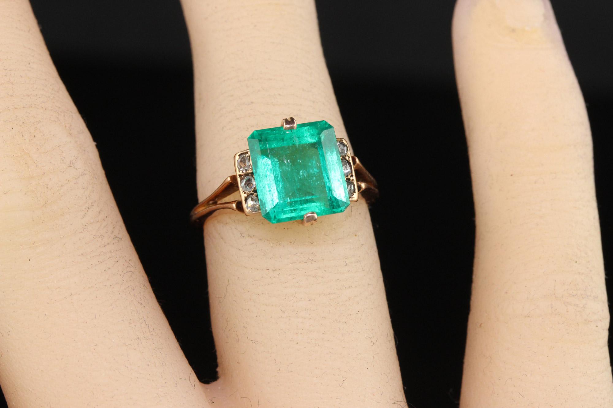 Antiker viktorianischer Verlobungsring aus 18 Karat Gelbgold mit Smaragd und Diamant - GIA 2