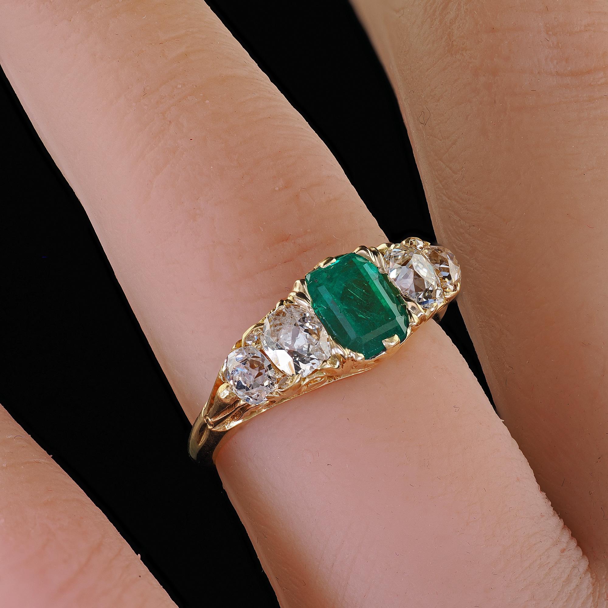 Antique Victorian 18K Yellow Gold Emerald Old Mine Diamond Five Stone Ring - GIA For Sale 5