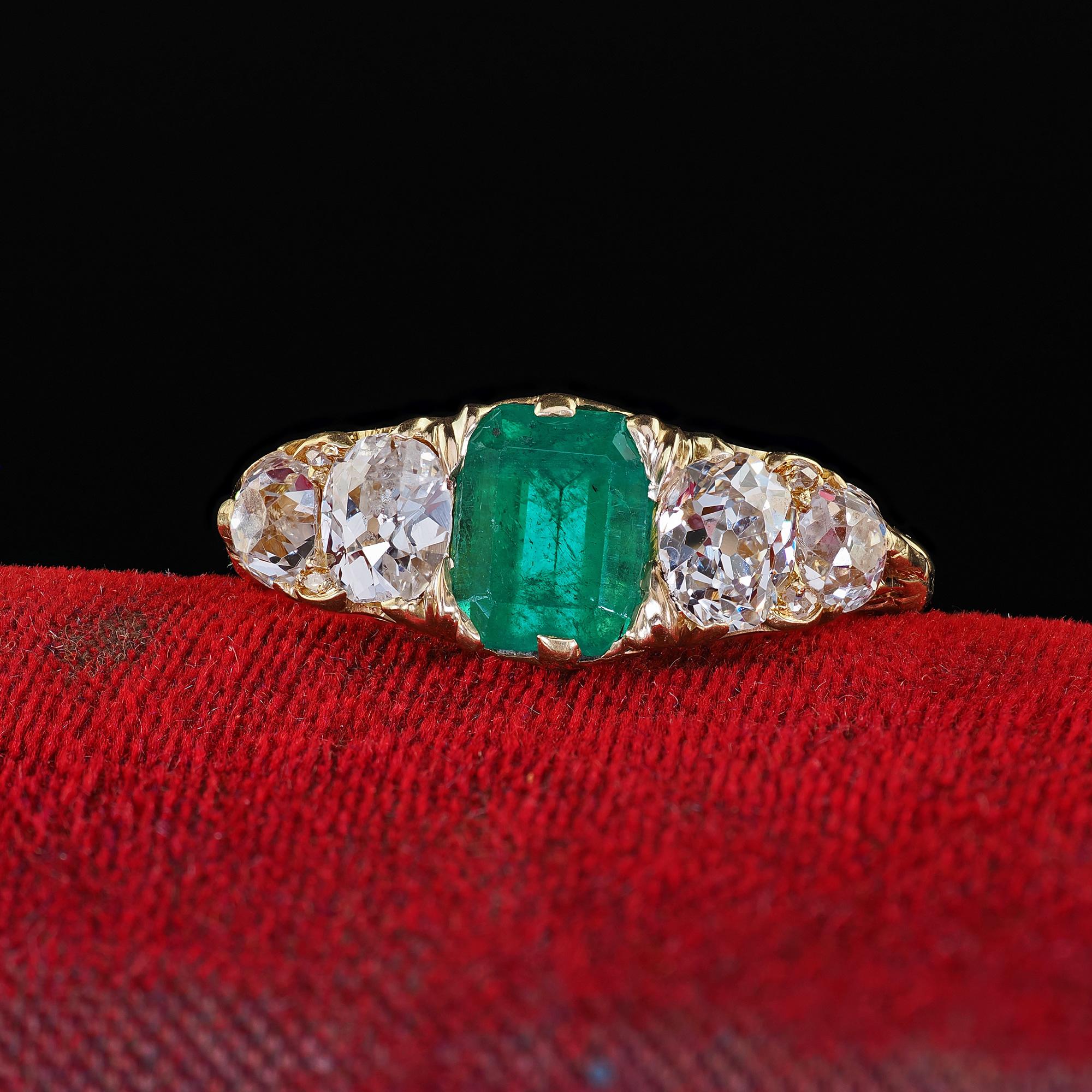 Beautiful Antique Victorian 18K Yellow Gold Emerald Old Mine Diamond Five Stone Ring - GIA. This gorgeous Victorian Colombian emerald and diamond five stone ring is crafted in 18k yellow gold. The ring features a natural Colombian emerald that has a