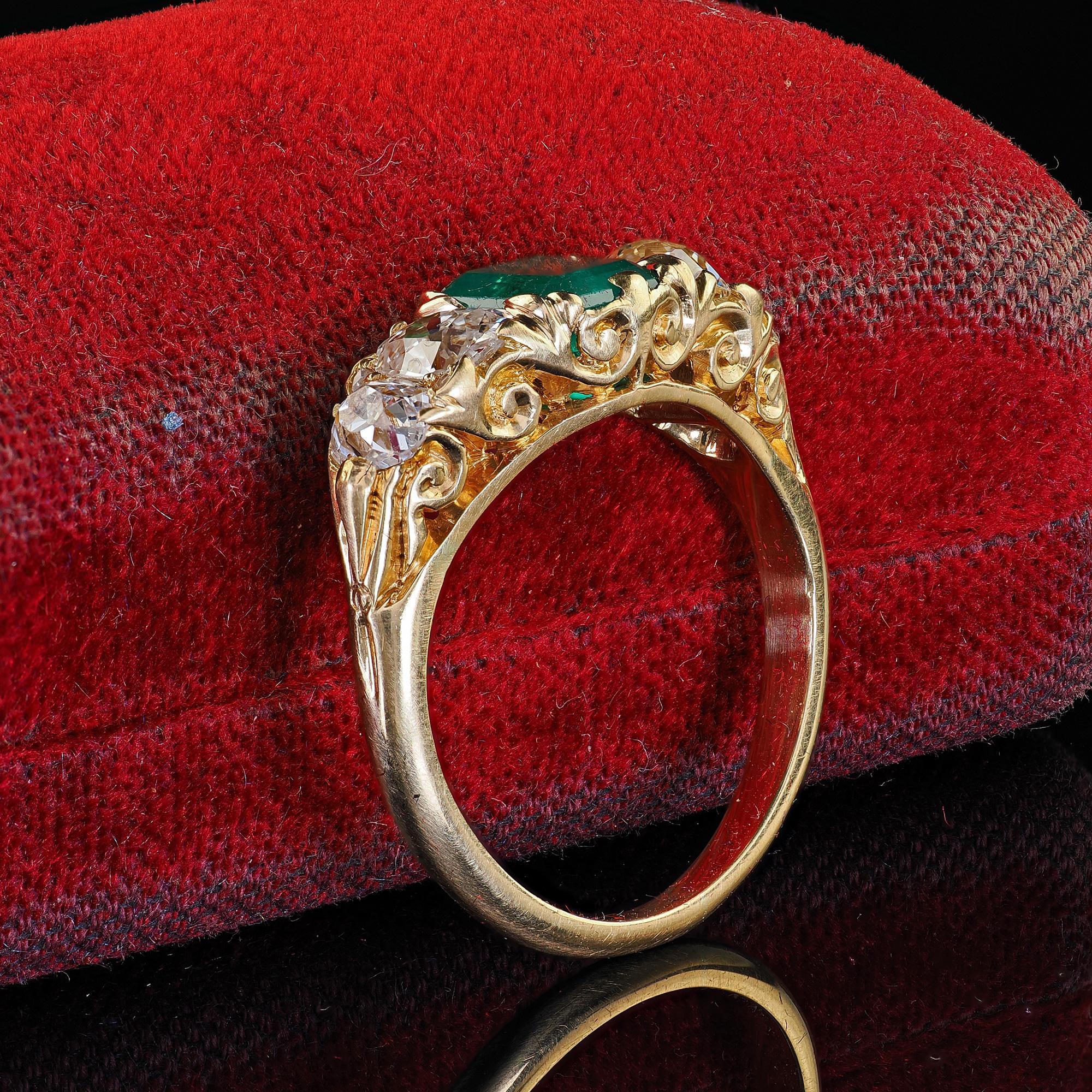 Octagon Cut Antique Victorian 18K Yellow Gold Emerald Old Mine Diamond Five Stone Ring - GIA For Sale