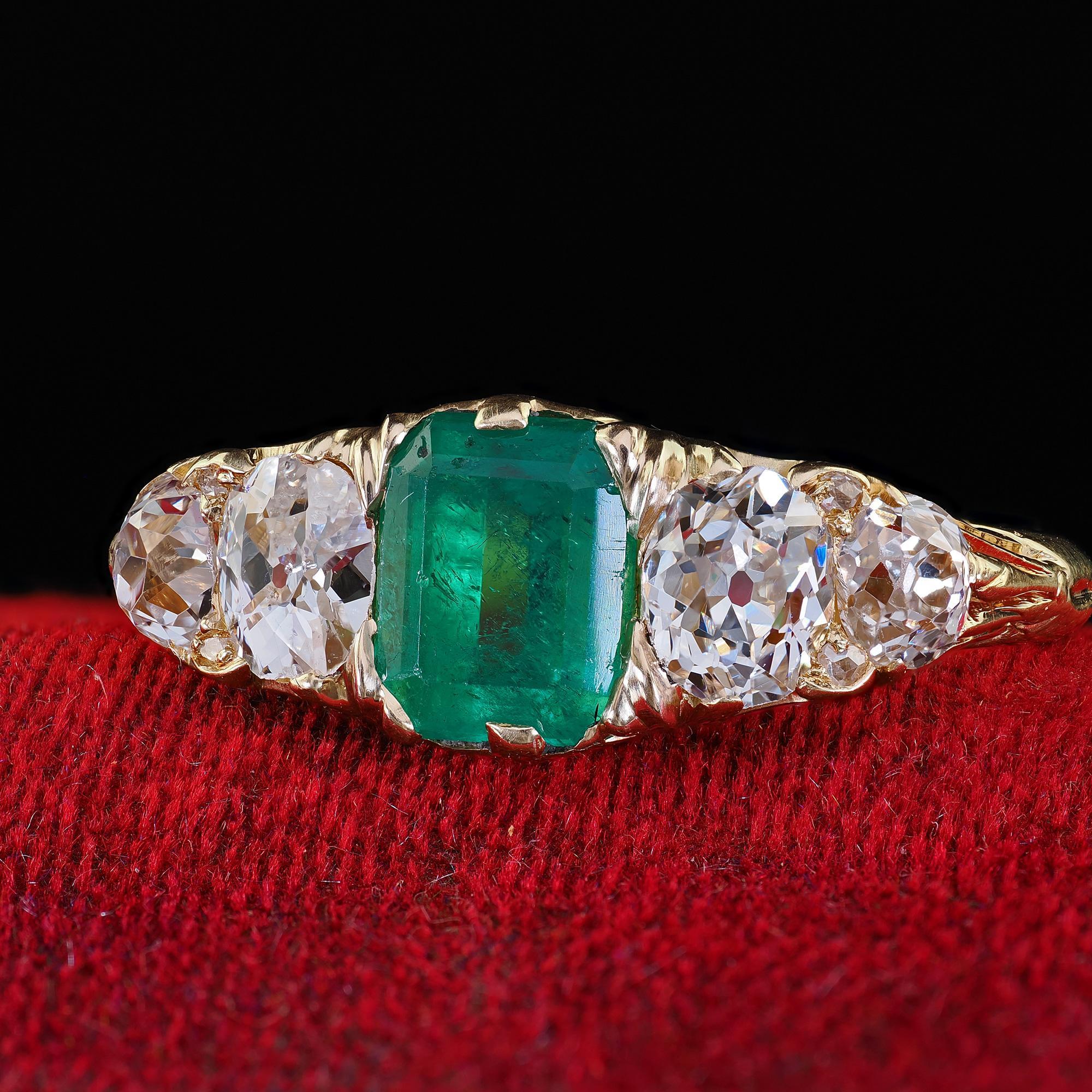 Antique Victorian 18K Yellow Gold Emerald Old Mine Diamond Five Stone Ring - GIA For Sale 1