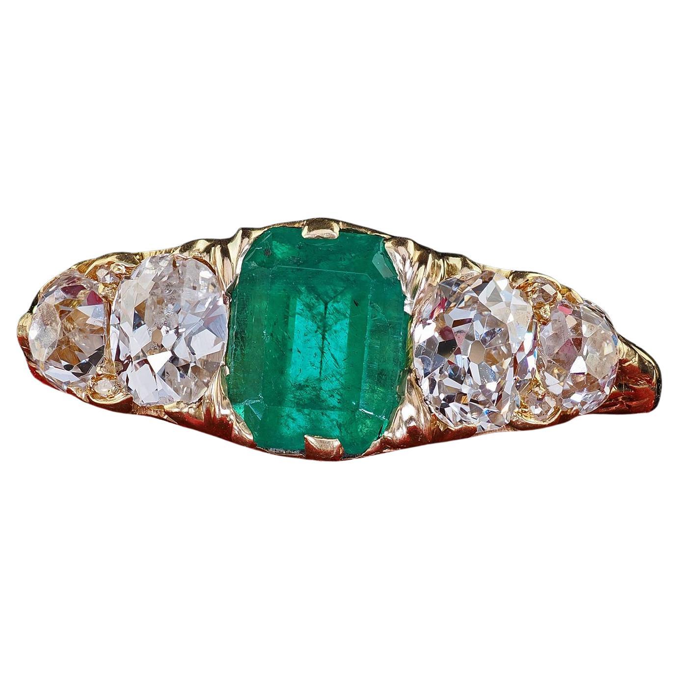 Antique Victorian 18K Yellow Gold Emerald Old Mine Diamond Five Stone Ring - GIA