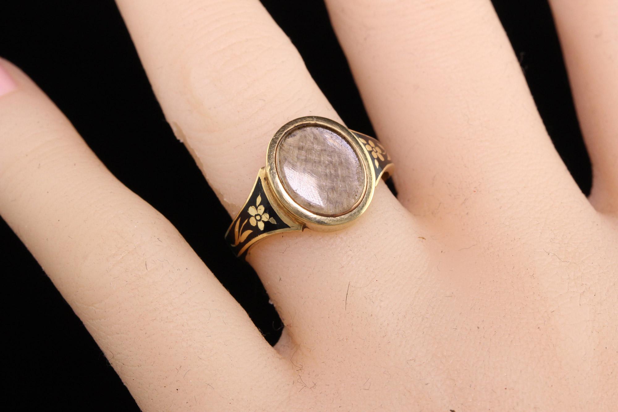 Women's Antique Victorian 18K Yellow Gold Enamel Hair Mourning Ring For Sale