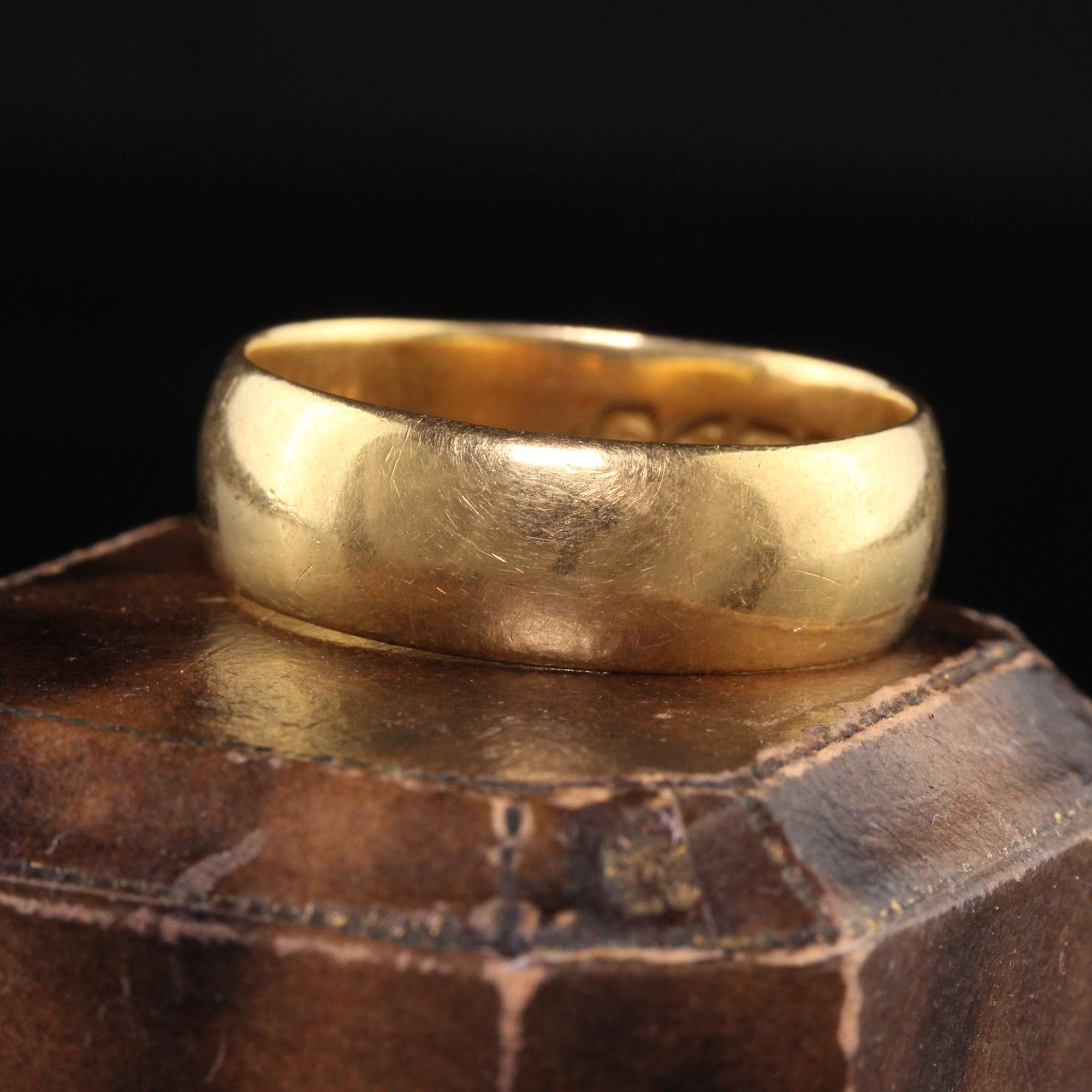 Beautiful Antique Victorian 18K Yellow Gold English Wide Wedding Band. This classic wedding band is crafted in 18k yellow gold. The band has english hallmarks inside the band and is in good condition.

Item #R1430

Metal: 18K Yellow Gold

Weight: