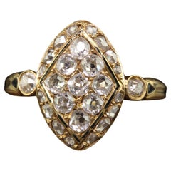 Antique Victorian 18K Yellow Gold French Old Cut Diamond Enamel Navette Ring
