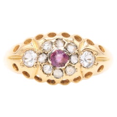 Antique Victorian 18K Yellow Gold Garnet, Diamond and Rock Crystal Cluster Ring