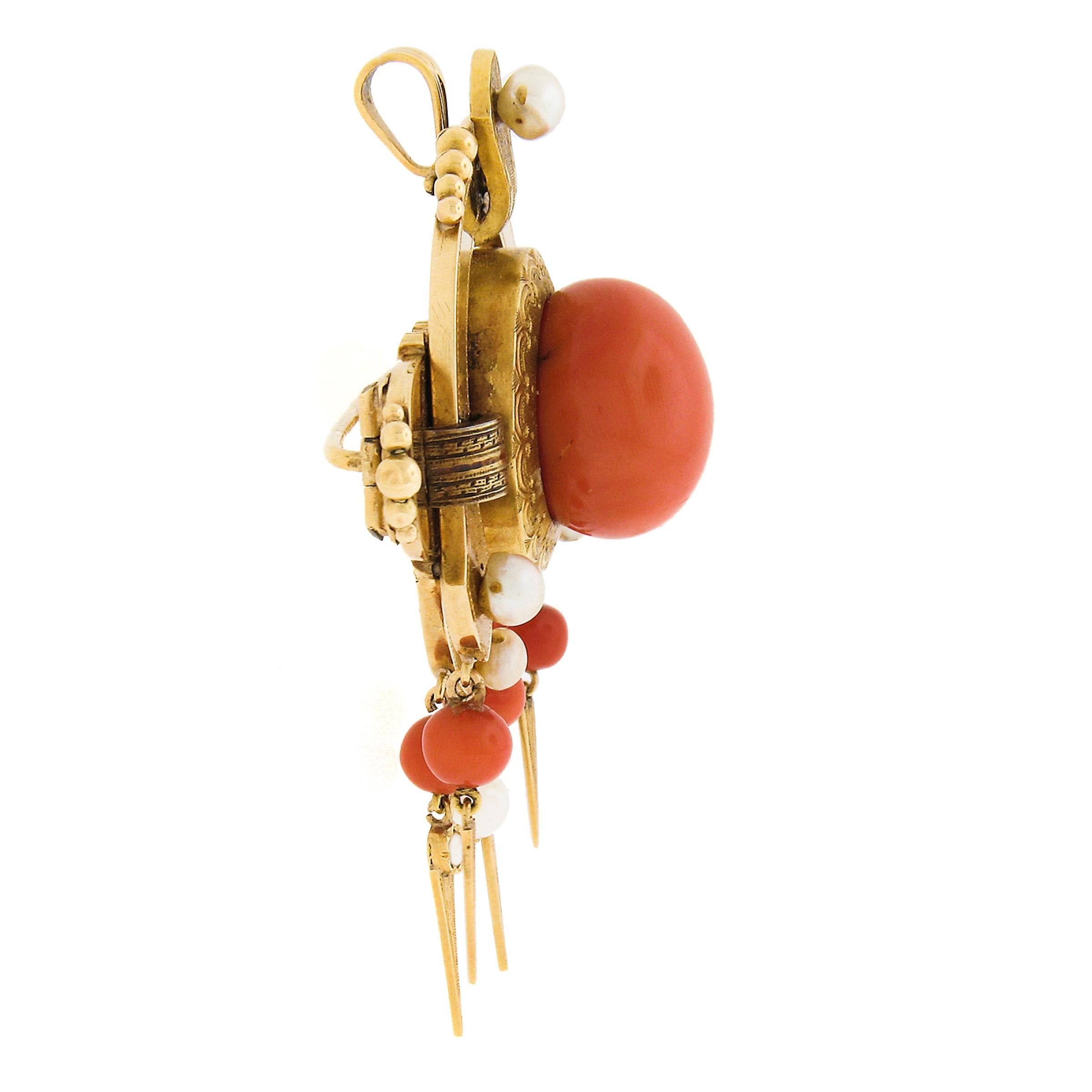 Round Cut Antique Victorian 18k Yellow Gold GIA Button Coral & Pearl Pin Brooch Pendant For Sale