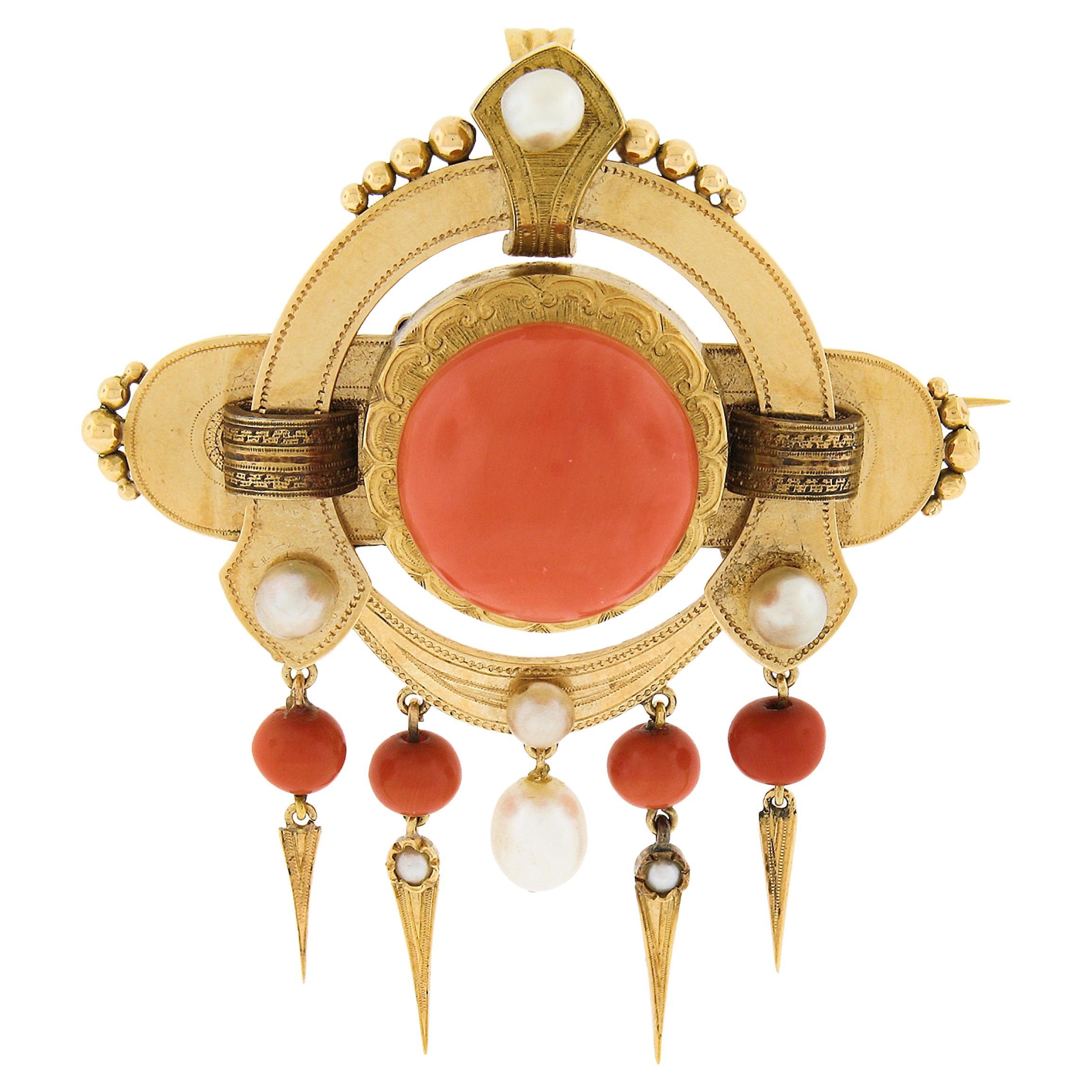 Pendentif broche victorien ancien bouton corail et perle en or jaune 18 carats certifié GIA