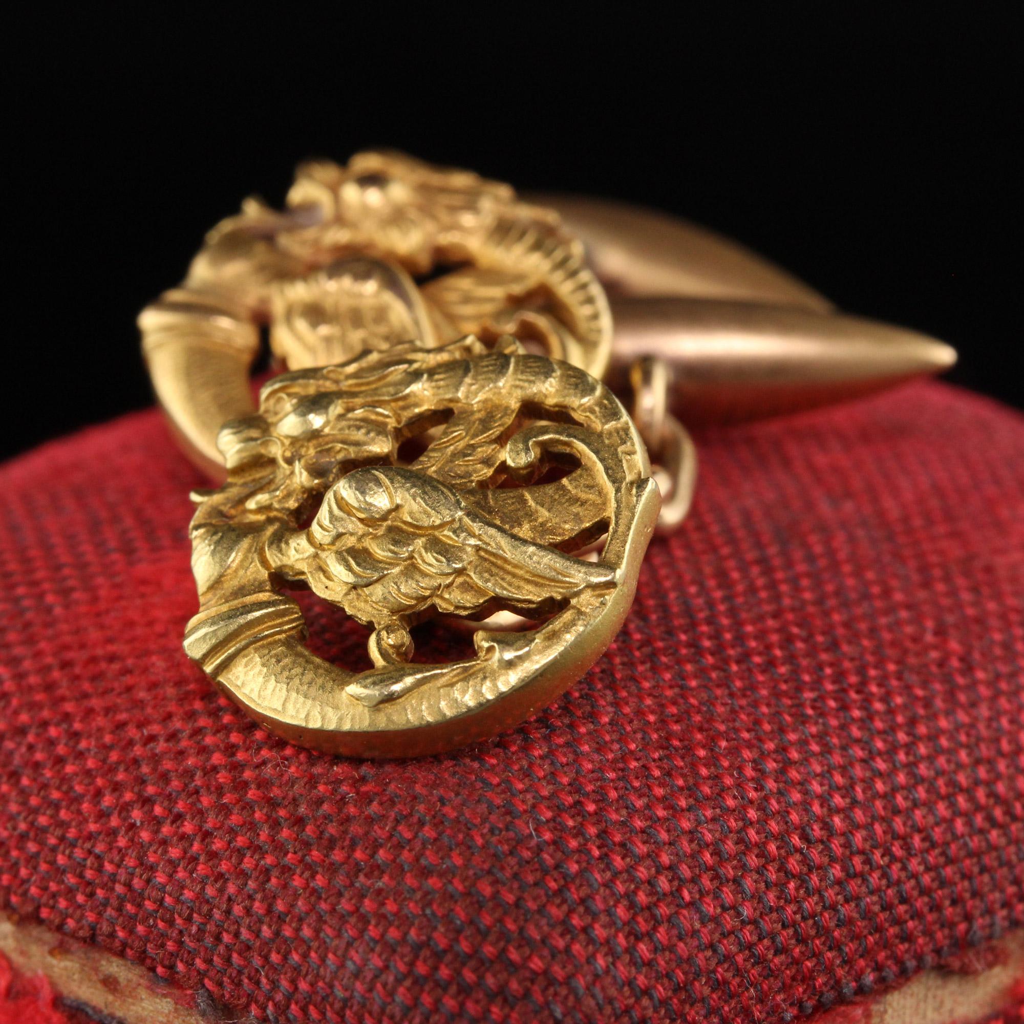 Gorgeous Antique Victorian 18K Yellow Gold Griffin Cufflinks. These beautiful cufflinks still have their original detail on them and are in great condition. These mythical beasts were considered the kings of beasts and guarded treasures and