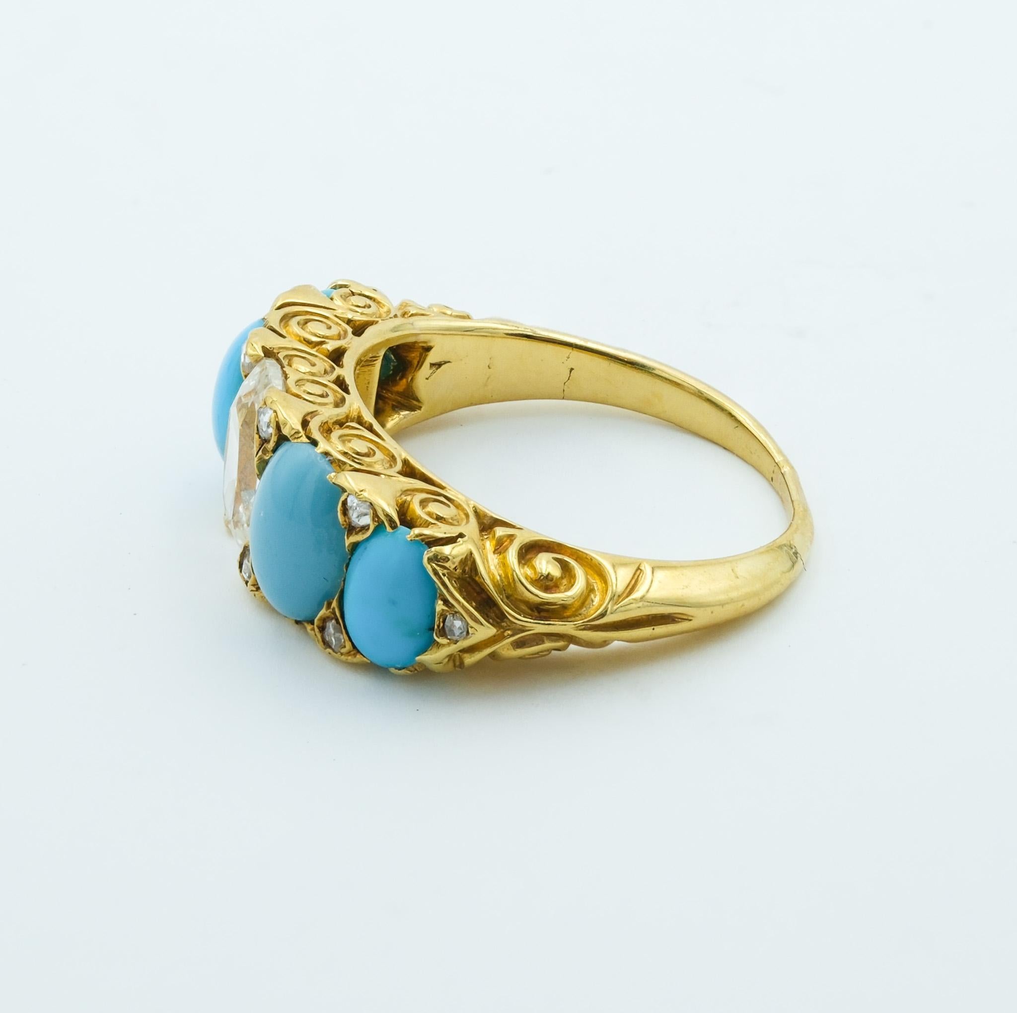 Old Mine Cut Antique Victorian 18k Yellow Gold Half Moon Ring with .92ct Diamond & Turquoise For Sale