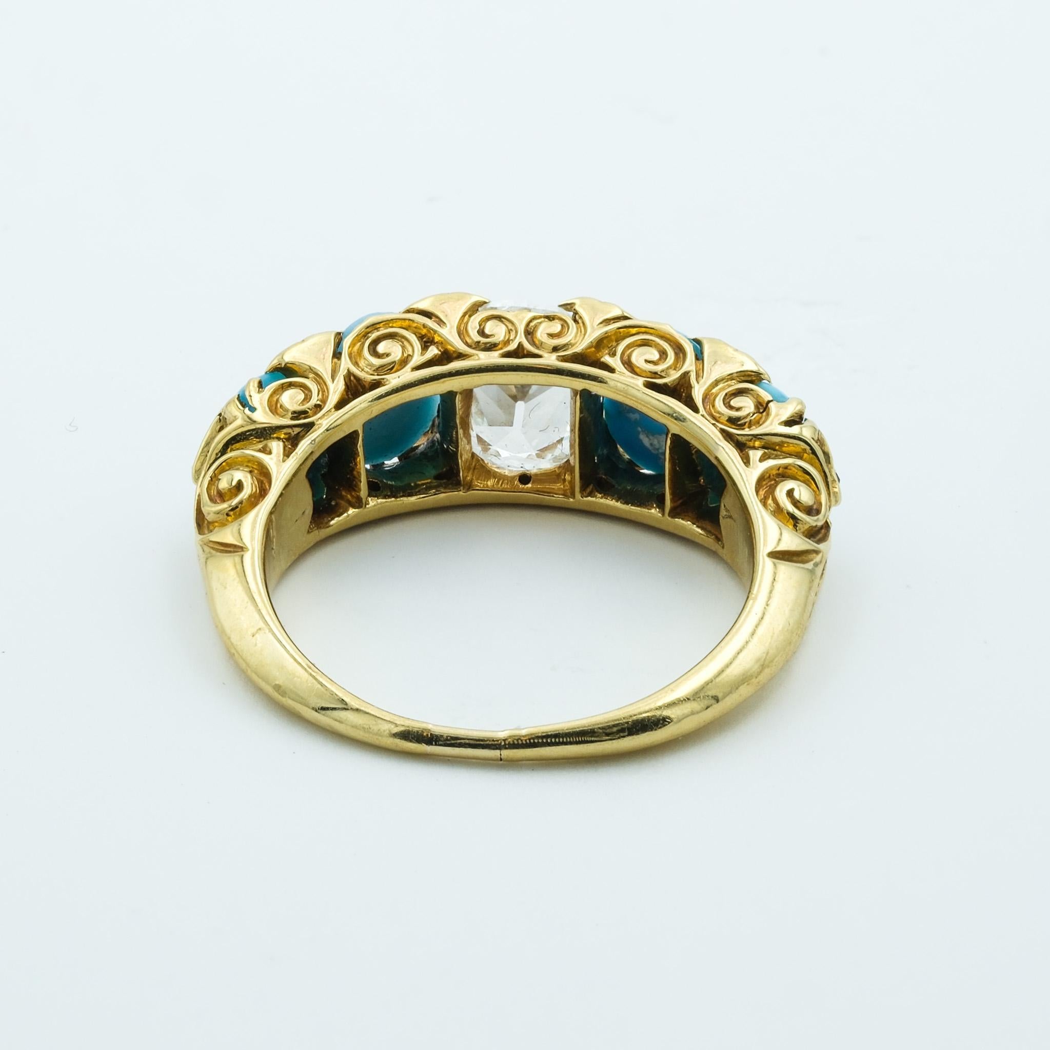 Antiker viktorianischer 18k Gelbgold Halbmond Ring mit .92ct Diamant & Türkis (Alteuropäischer Brillantschliff) im Angebot