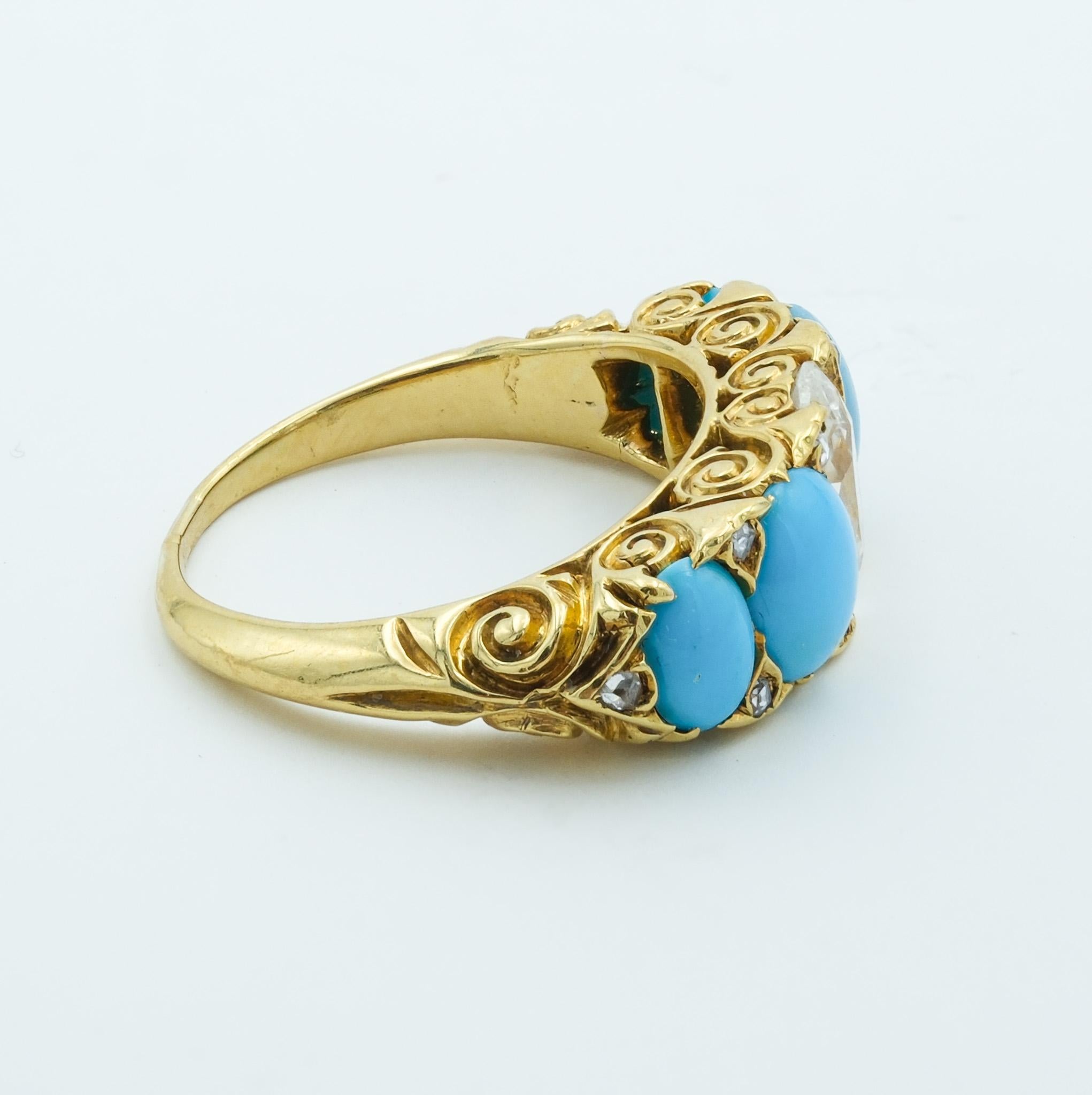 Men's Antique Victorian 18k Yellow Gold Half Moon Ring with .92ct Diamond & Turquoise For Sale