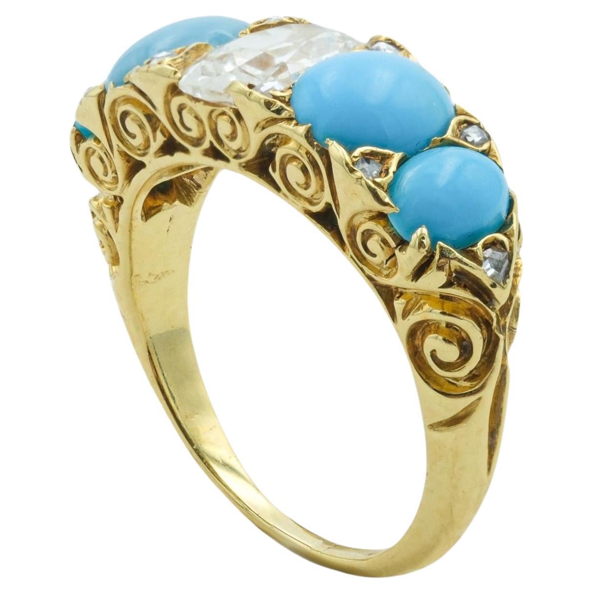 Antique Victorian 18k Yellow Gold Half Moon Ring with .92ct Diamond & Turquoise For Sale