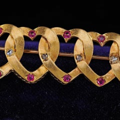Antique Victorian 18K Yellow Gold Heart Linked Diamond and Ruby Brooch Pin