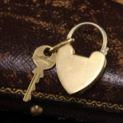 Antique Victorian 18K Yellow Gold Heart Lock and Key Pendant Charm