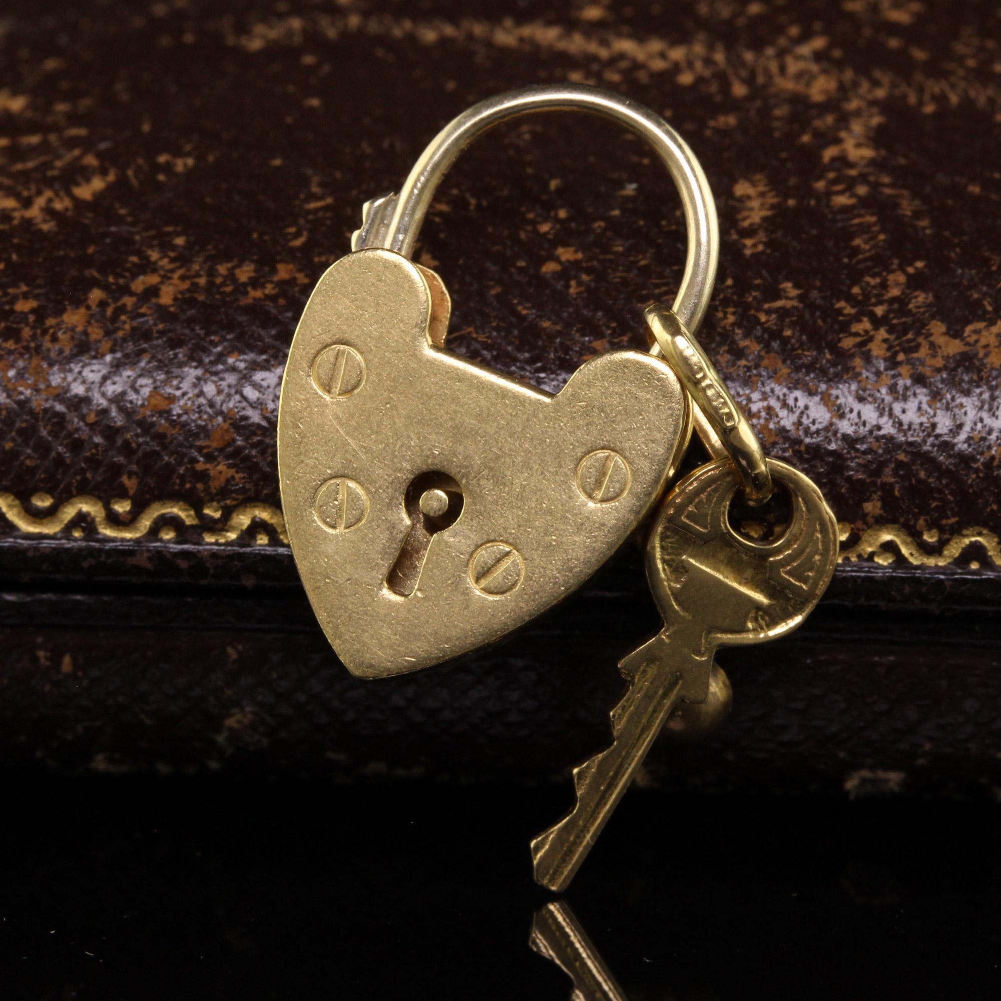 Women's Antique Victorian 18K Yellow Gold Heart Lock and Key Pendant Charm For Sale