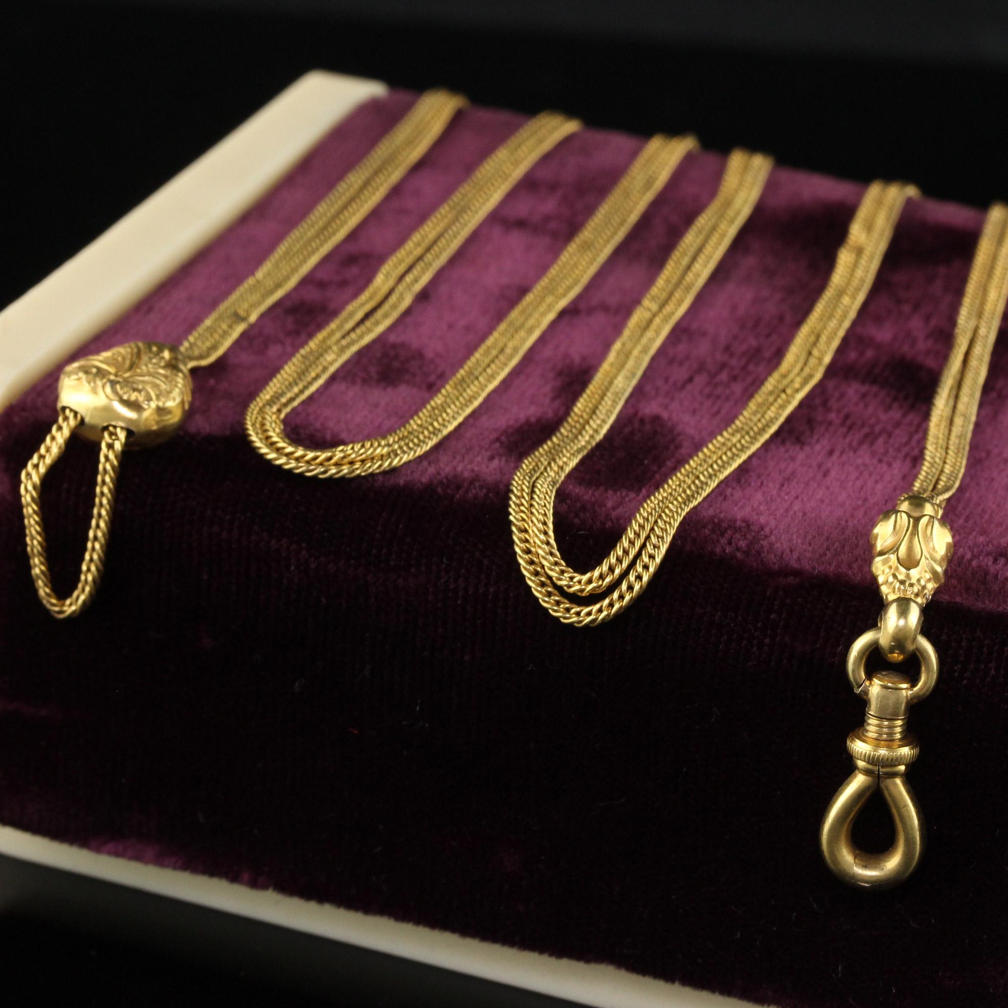 Schöne antike viktorianische 18K Gelbgold Lariat Kette Halskette - 49 Zentimeter. Diese schöne viktorianische Lariat-Kette ist aus 18 Karat Gelbgold gefertigt. Die Kette besteht aus einem langen Glied, das in der Mitte einen Schiebemechanismus hat,
