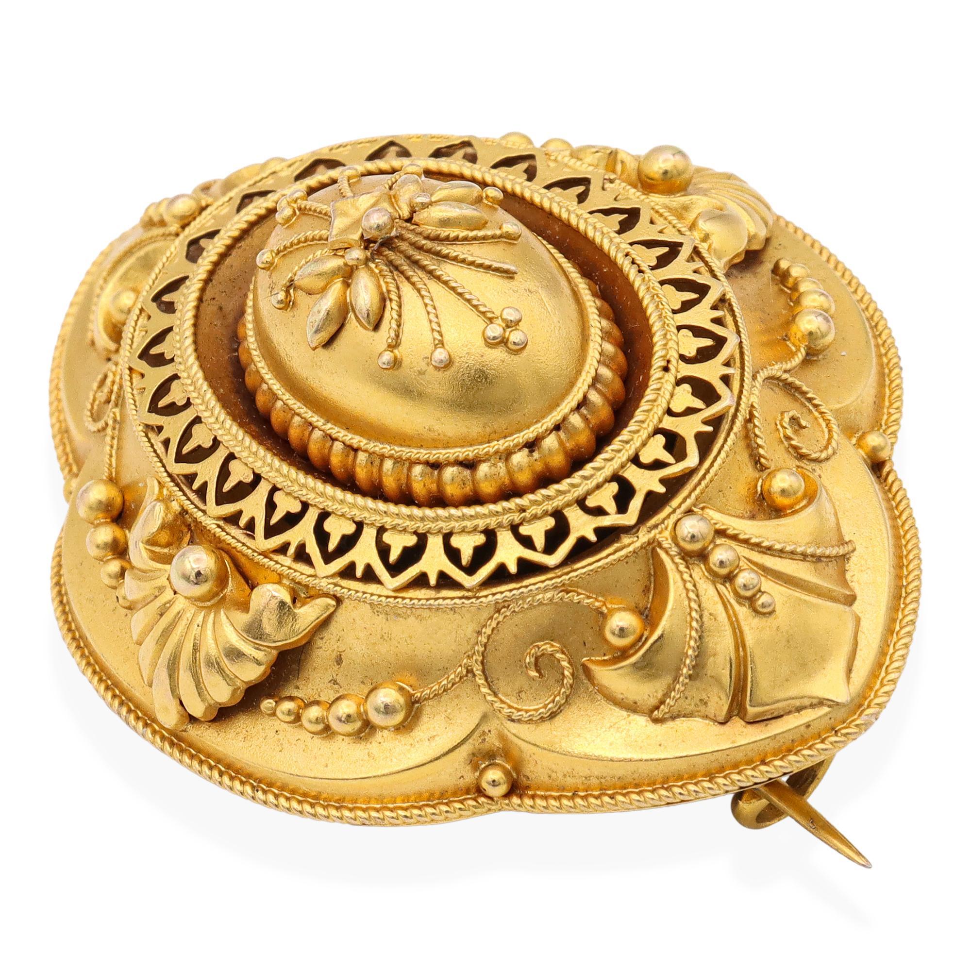 Etruscan Revival Antique Victorian 18k Yellow Gold Mourning Brooch Pendant For Sale