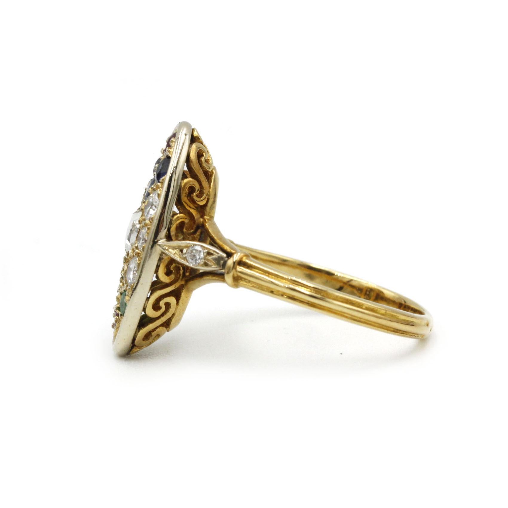 Rose Cut Antique Victorian 18K Yellow Gold Multi-Gem Cluster Ring Diamonds Rubis Emeralds For Sale