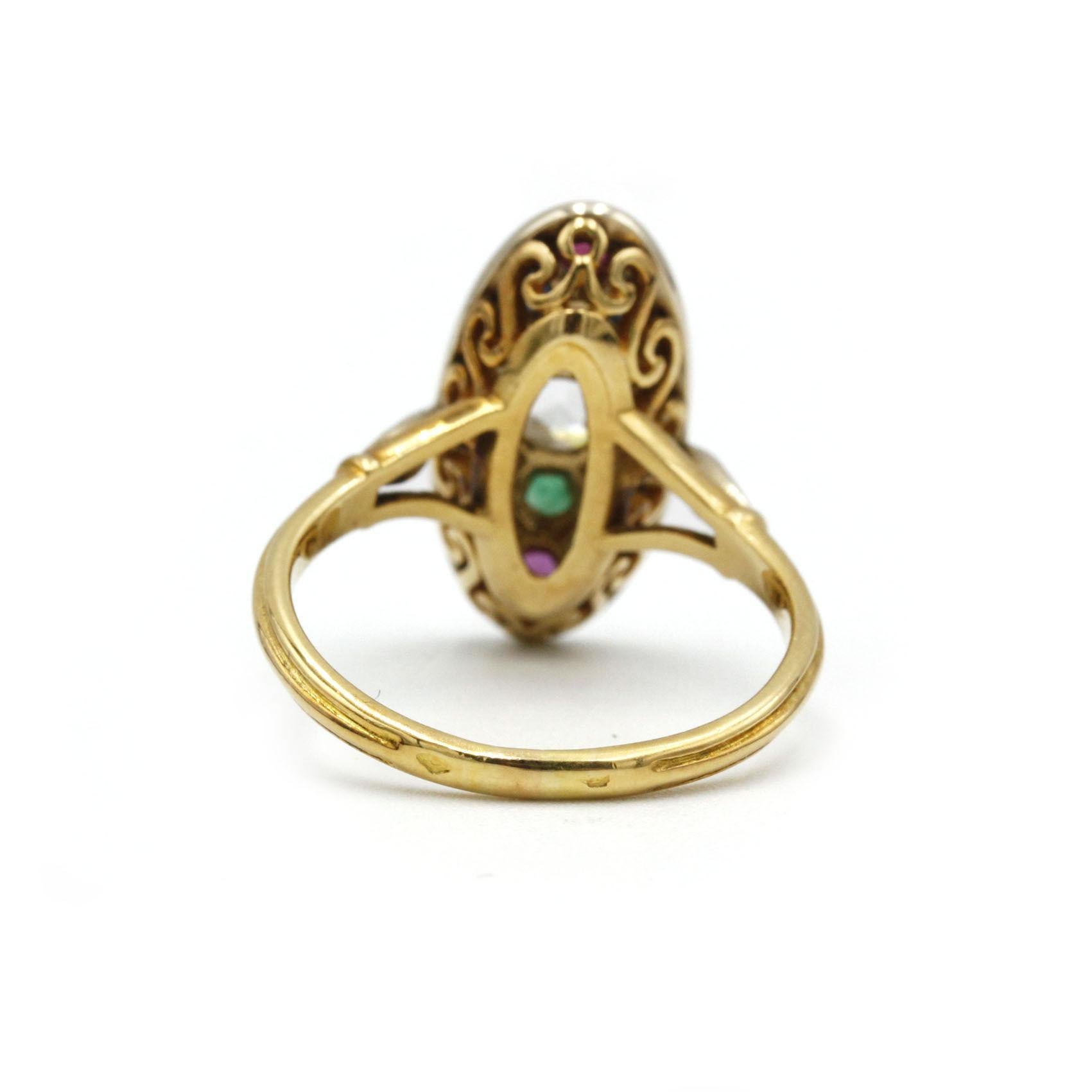 Women's Antique Victorian 18K Yellow Gold Multi-Gem Cluster Ring Diamonds Rubis Emeralds For Sale