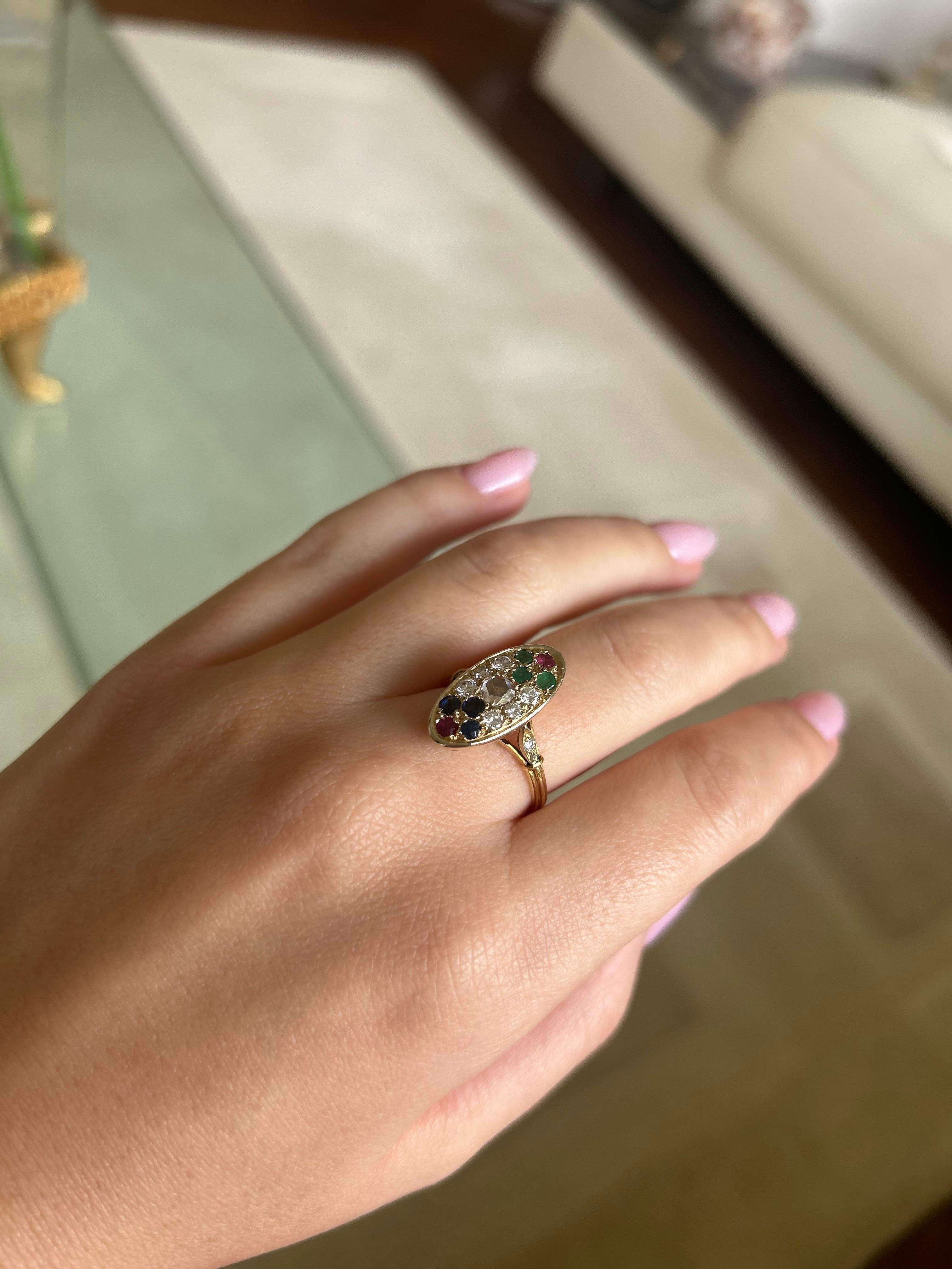 Antiker viktorianischer 18 Karat Gelbgold Multi-Gem Cluster-Ring Diamanten Rubine Smaragde im Angebot 3