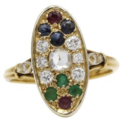 Antique Victorian 18K Yellow Gold Multi-Gem Cluster Ring Diamonds Rubis Emeralds