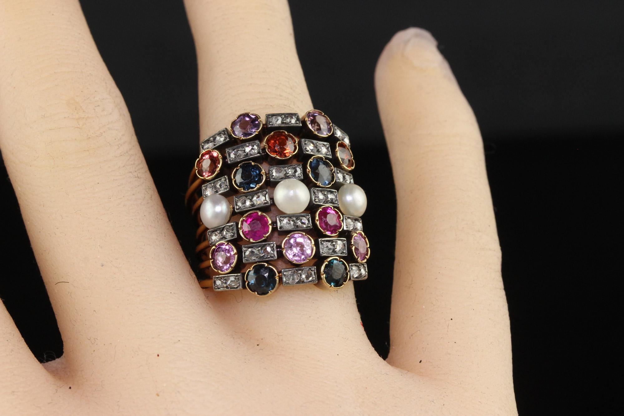 Antique Victorian 18K Yellow Gold Multi Sapphire Pearl Ruby Diamond Harem Ring For Sale 5