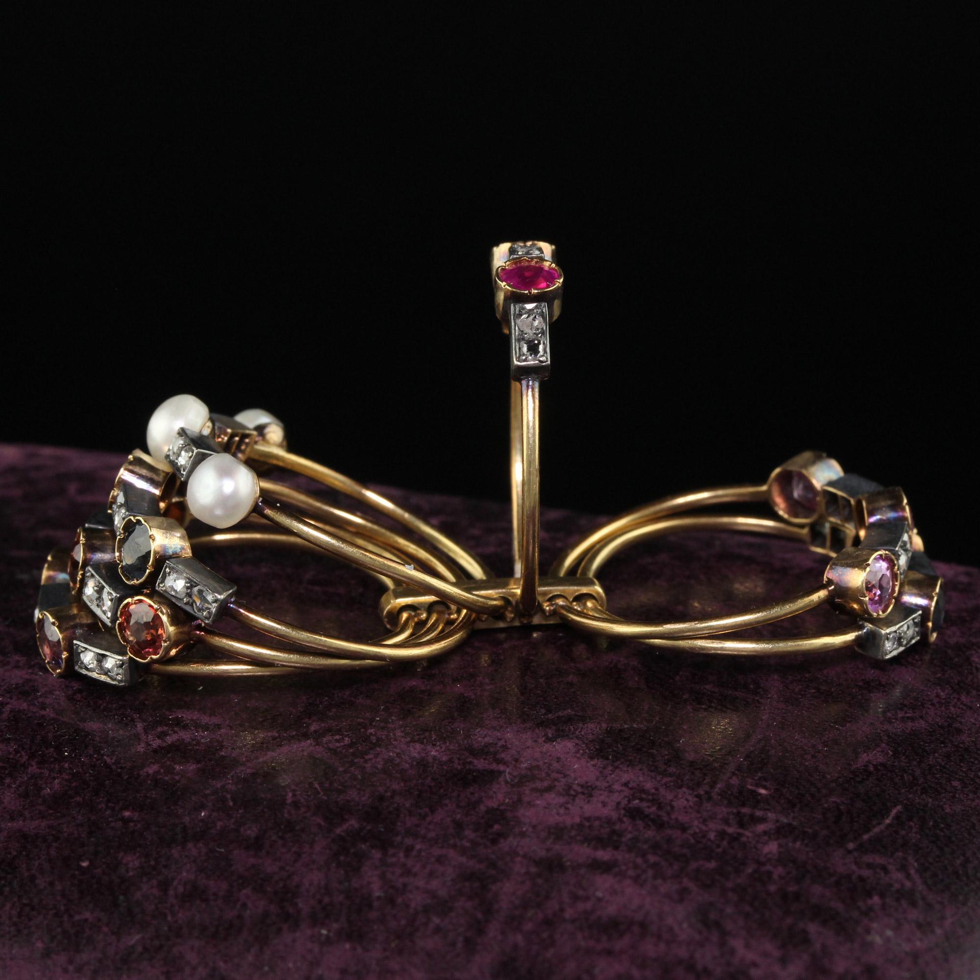 Rose Cut Antique Victorian 18K Yellow Gold Multi Sapphire Pearl Ruby Diamond Harem Ring For Sale