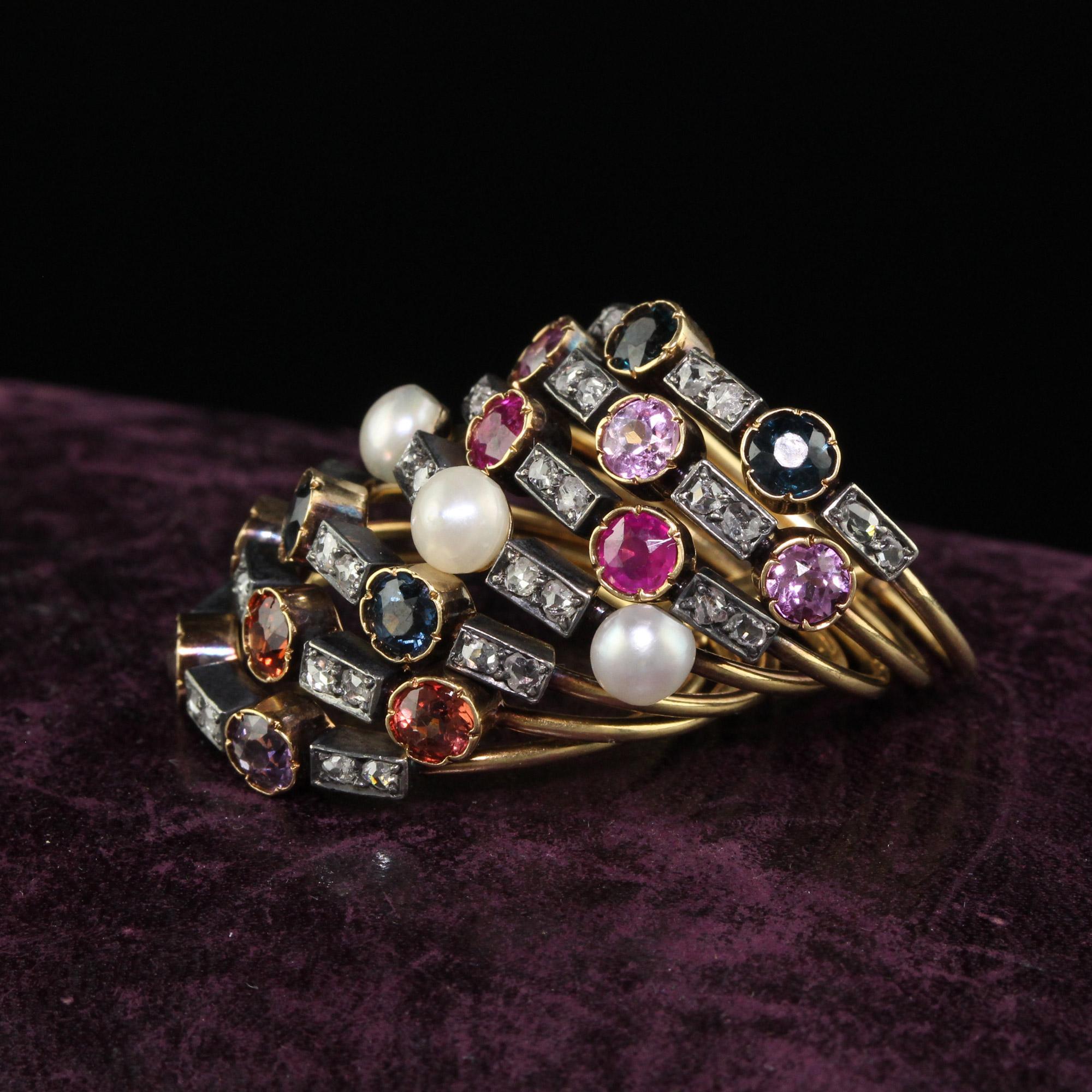Antique Victorian 18K Yellow Gold Multi Sapphire Pearl Ruby Diamond Harem Ring In Good Condition For Sale In Great Neck, NY