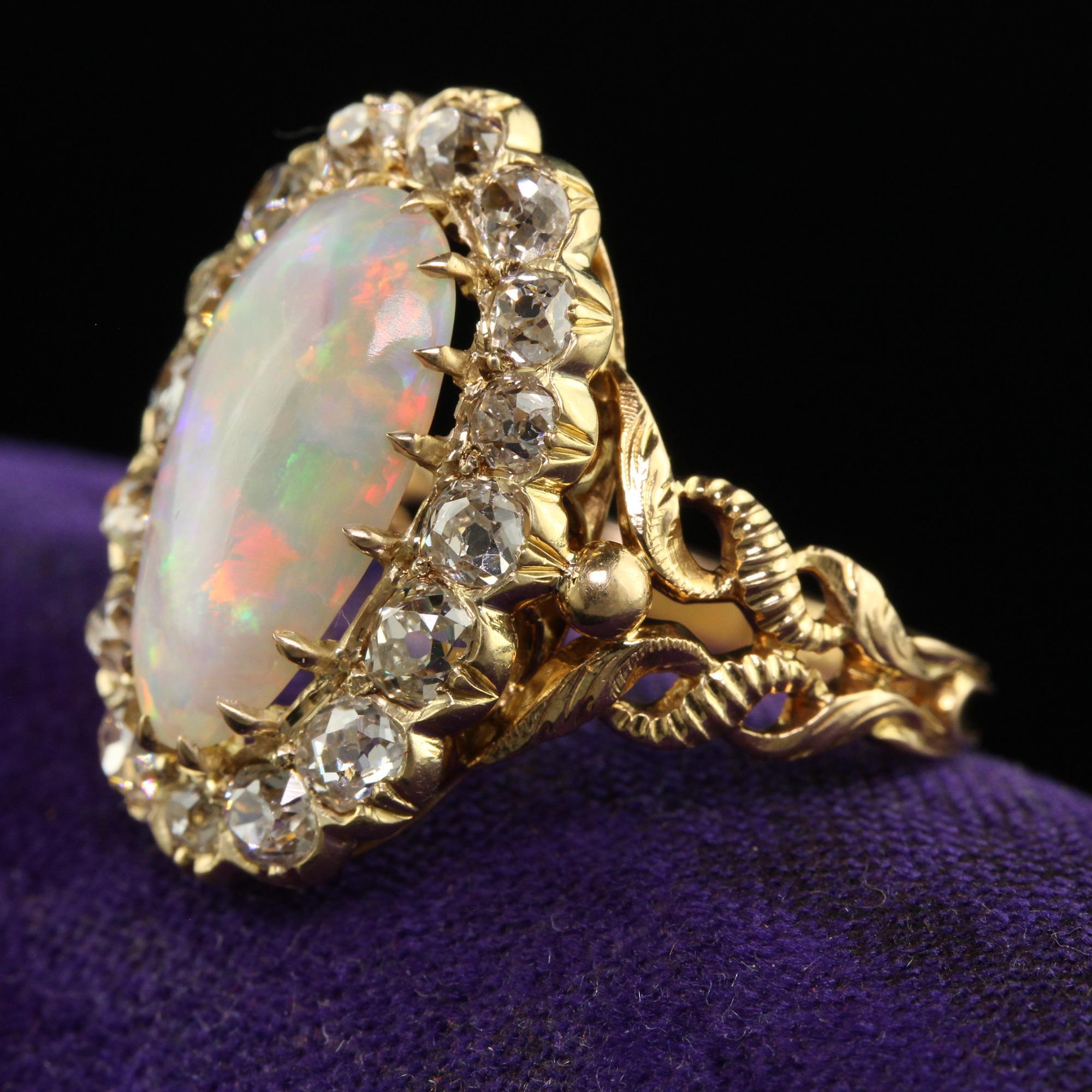 Women's Antique Victorian 18K Yellow Gold Natural Australian Opal Diamond Halo Ring For Sale