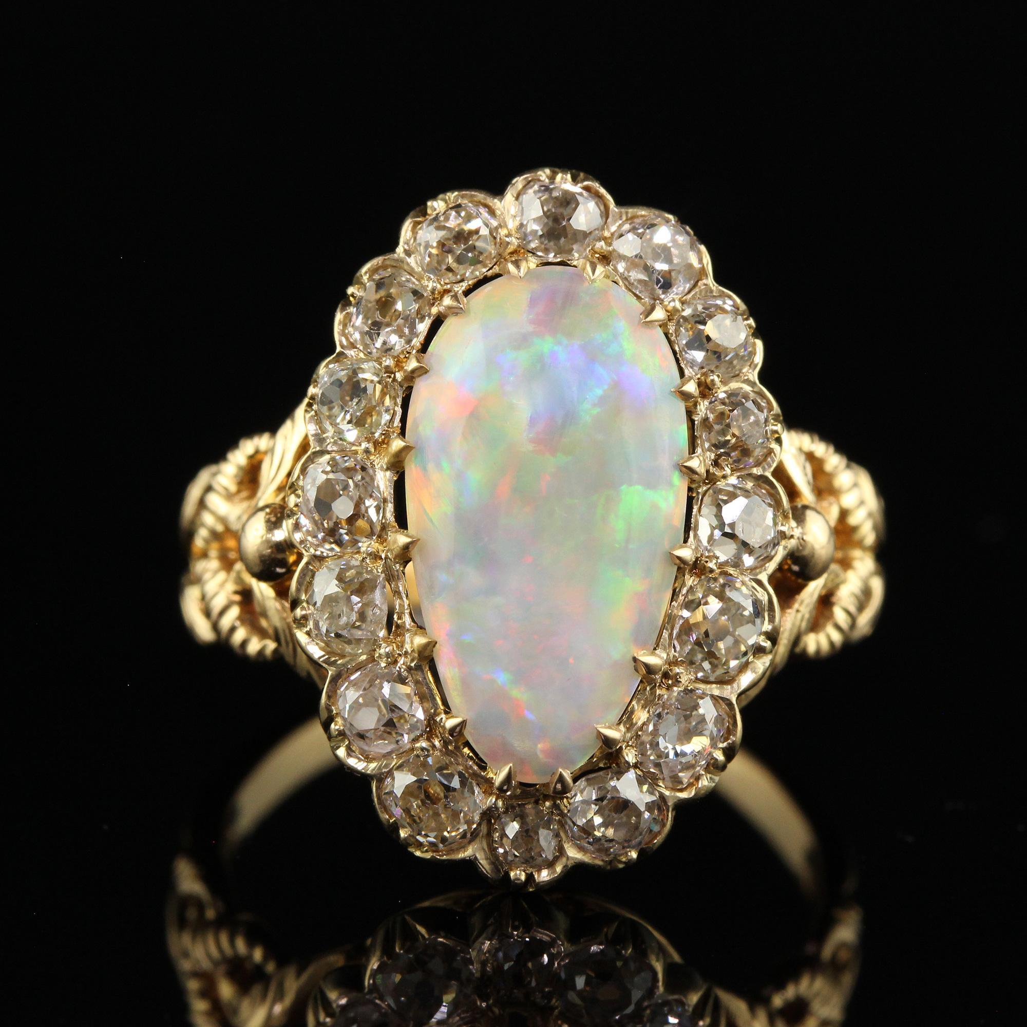 Antique Victorian 18K Yellow Gold Natural Australian Opal Diamond Halo Ring For Sale 1