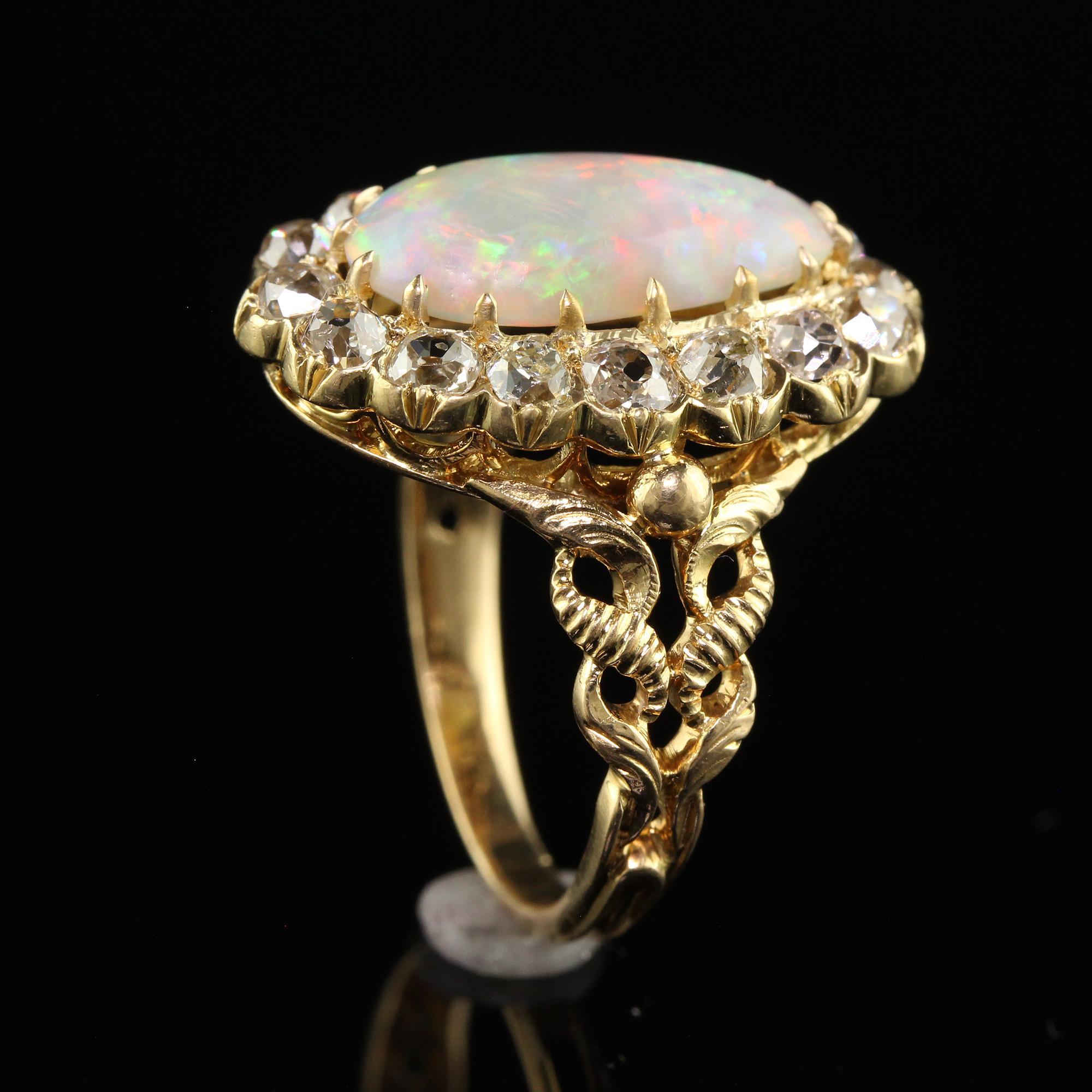 Antique Victorian 18K Yellow Gold Natural Australian Opal Diamond Halo Ring For Sale 3